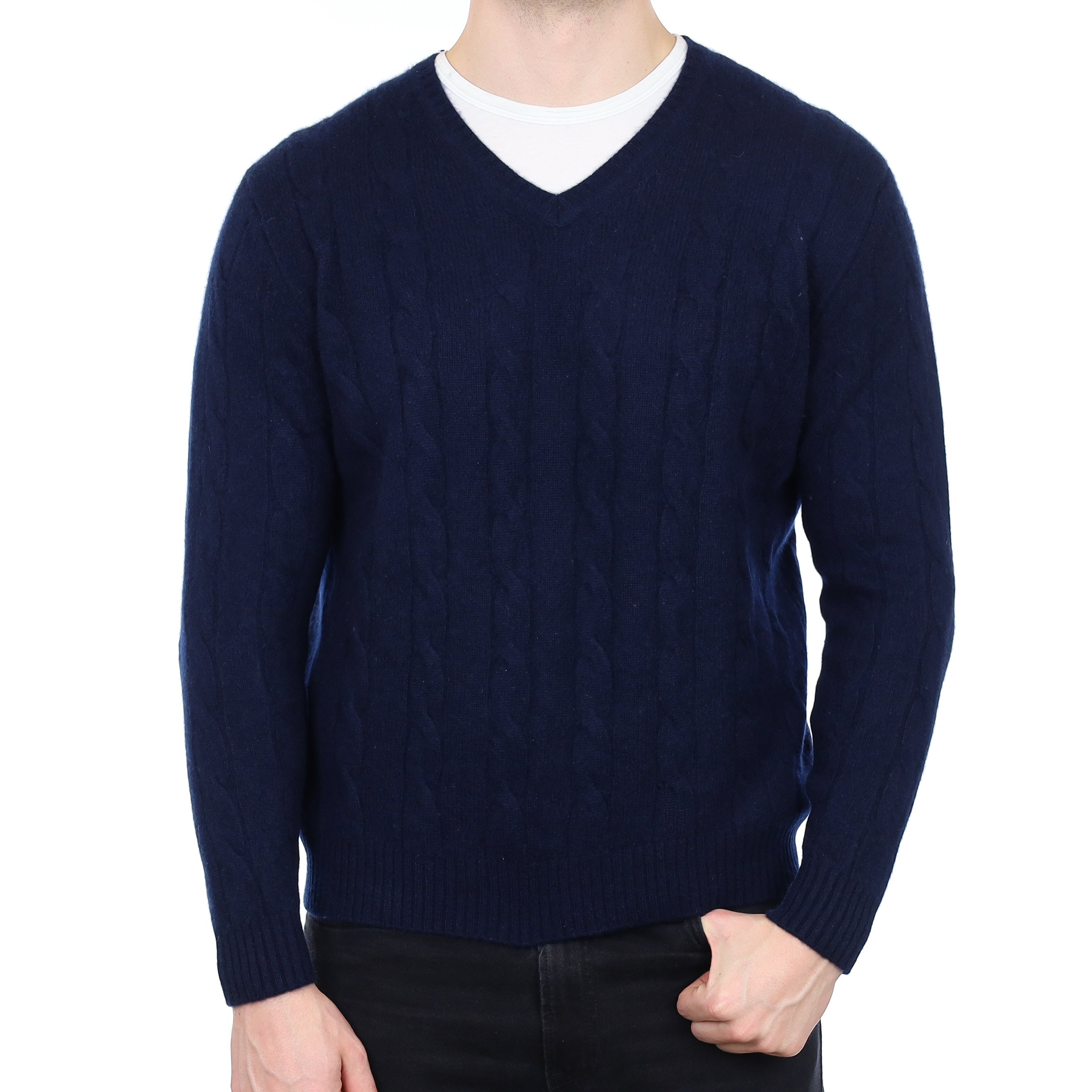 Men's Navy Chunky Cable Cashmere V Neck Jumper XL