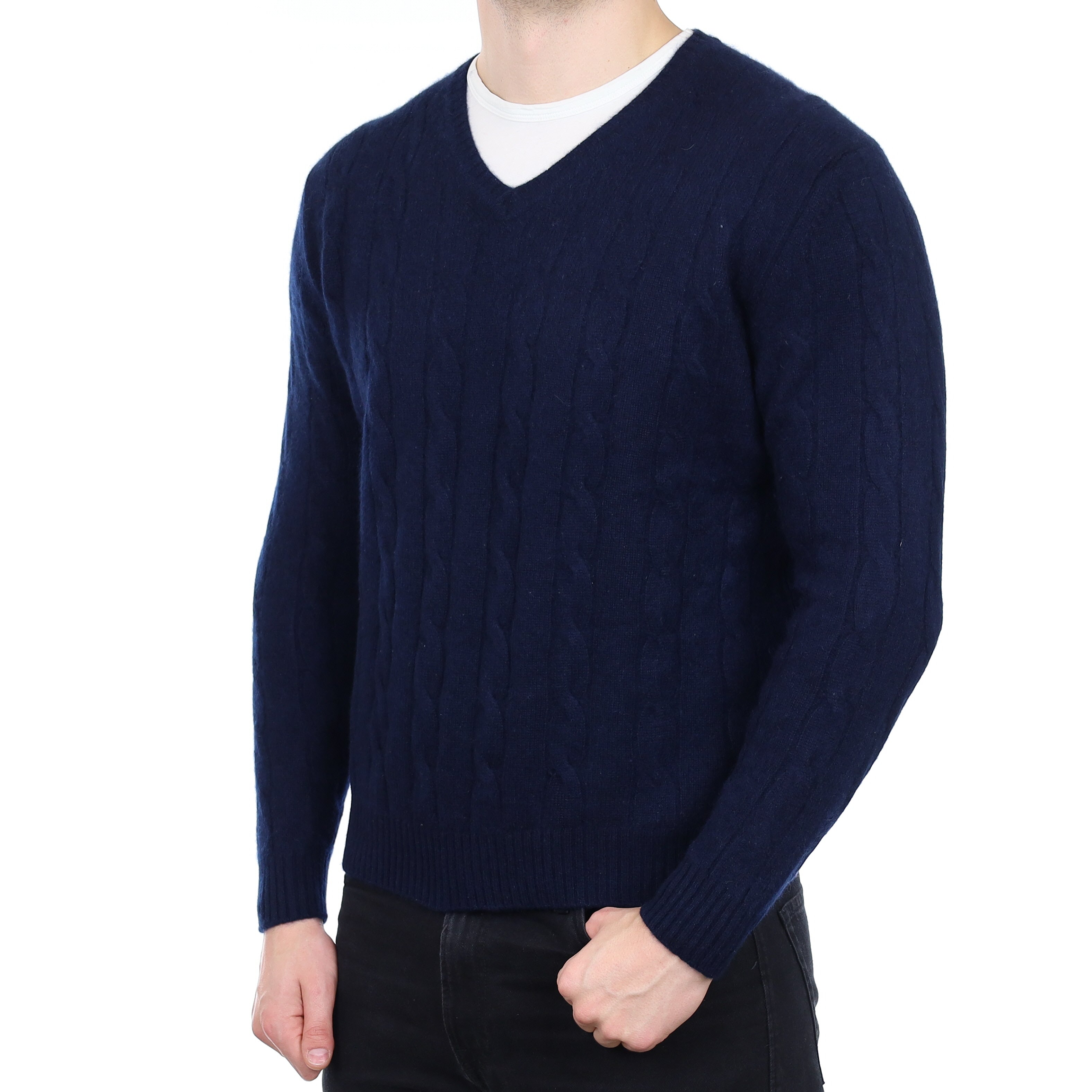 Men's Navy Chunky Cable Cashmere V Neck Jumper XL