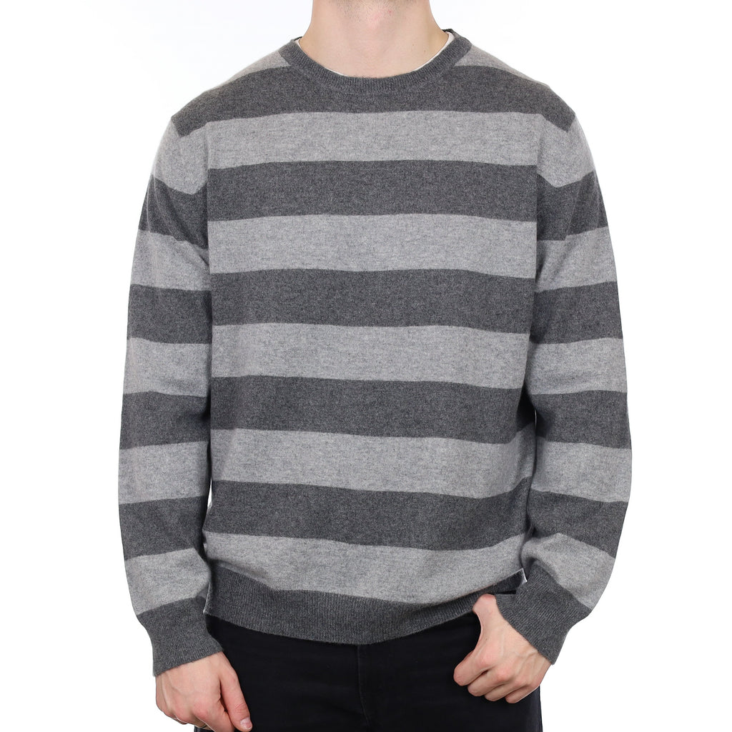 Men's Grey Stripe Cashmere Crew Neck Jumper XXL
