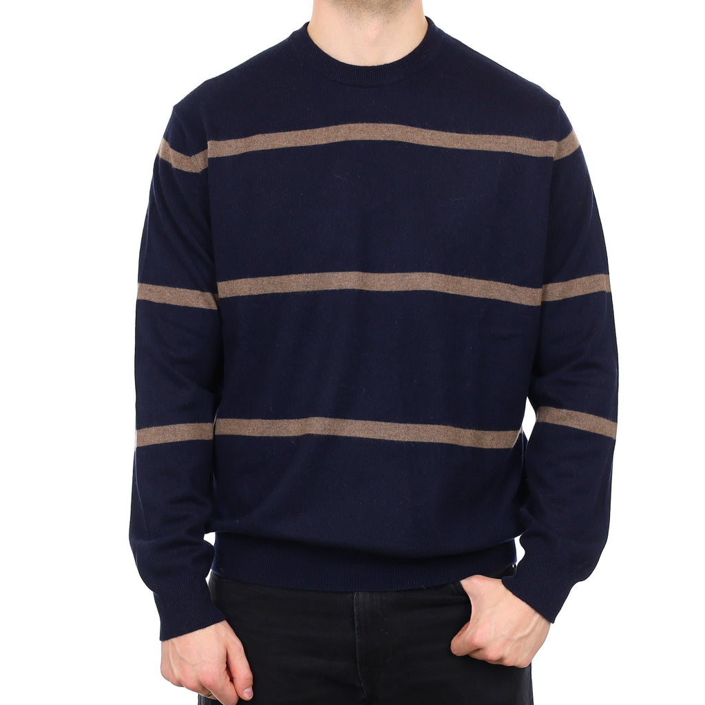 Men's Navy and Taupe Stripe Cashmere Crew Neck Jumper XXL