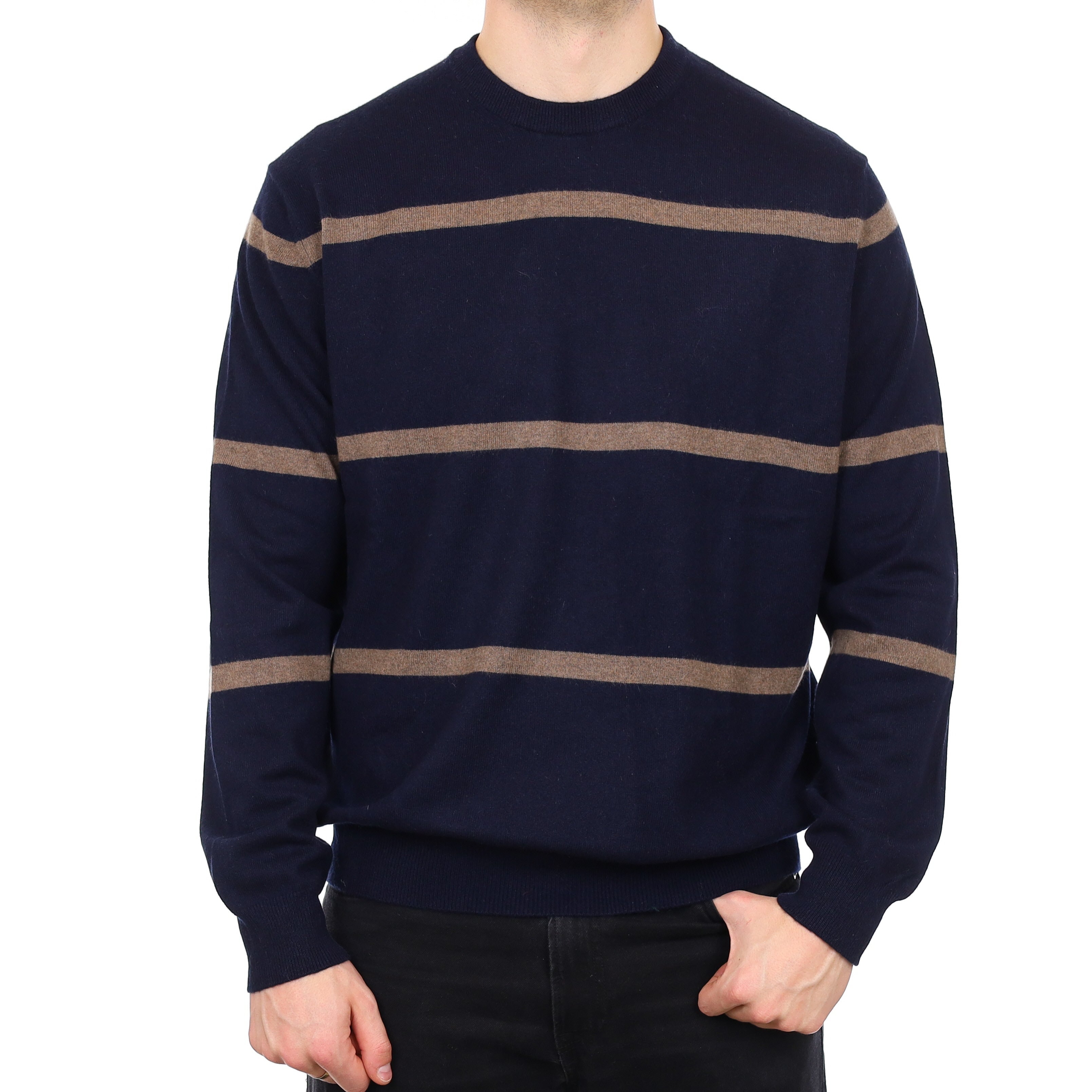 Men's Navy and Taupe Stripe Cashmere Crew Neck Jumper XXL