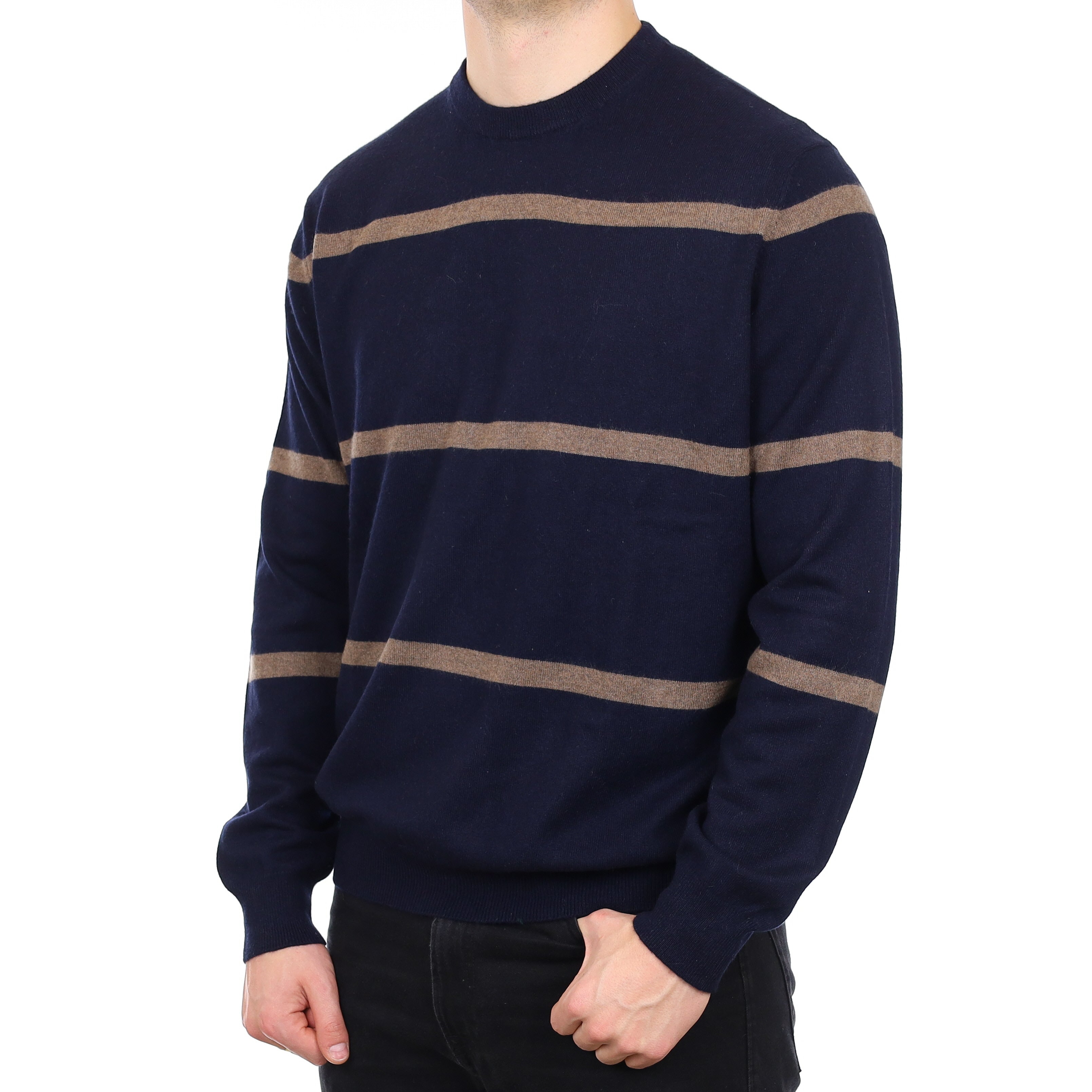 Men's Navy and Taupe Stripe Cashmere Crew Neck Jumper XXL