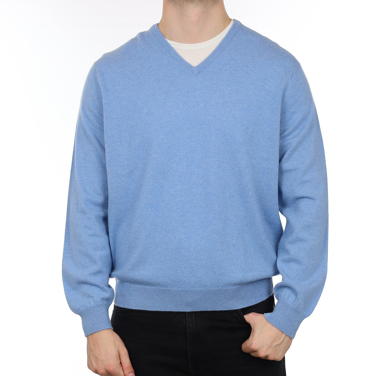 Men's Brand New Alex Begg Sky Blue Cashmere V Neck Jumper XXL