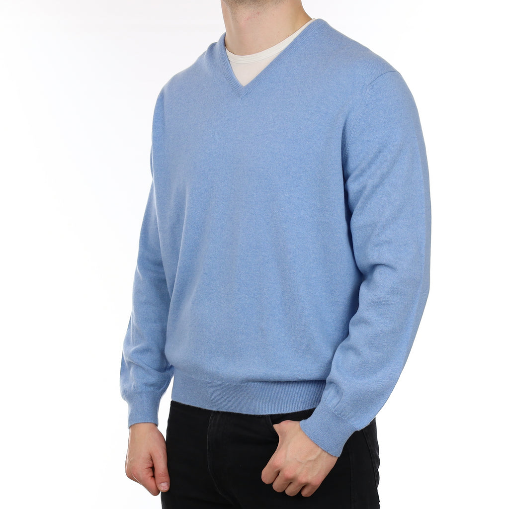 Men's Brand New Alex Begg Sky Blue Cashmere V Neck Jumper XXL