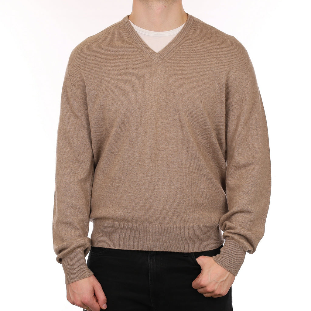 Men's Scottish Taupe Brown Cashmere V Neck Jumper XXL