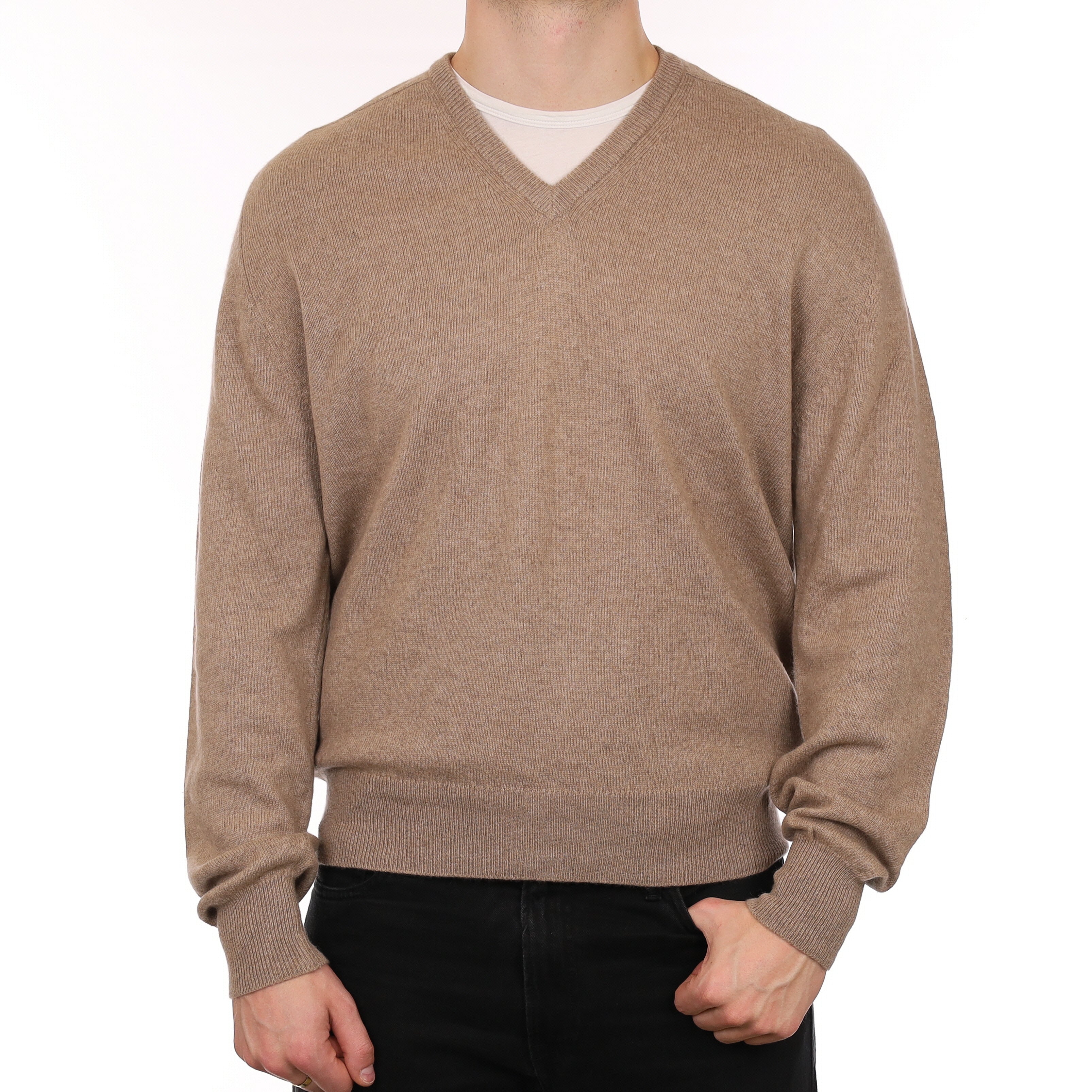 Men's Scottish Taupe Brown Cashmere V Neck Jumper XXL