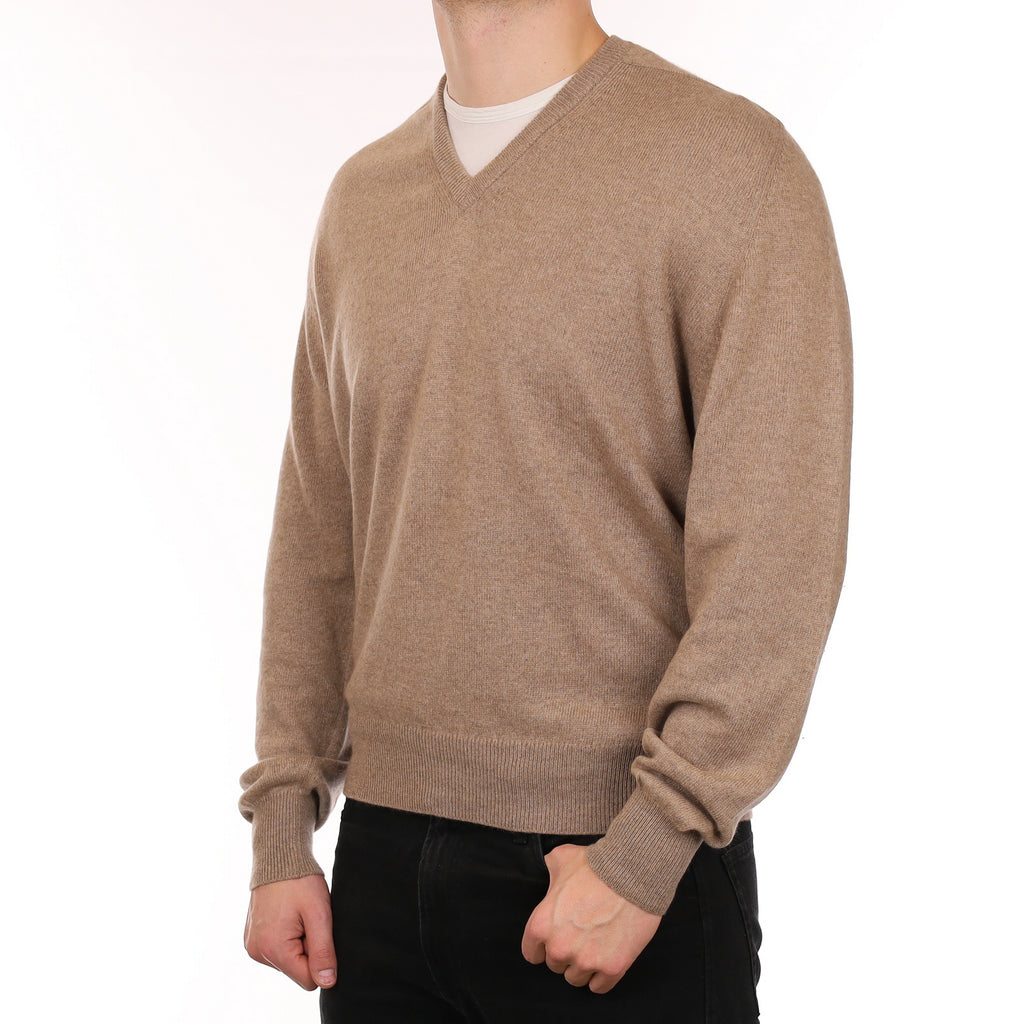 Men's Scottish Taupe Brown Cashmere V Neck Jumper XXL