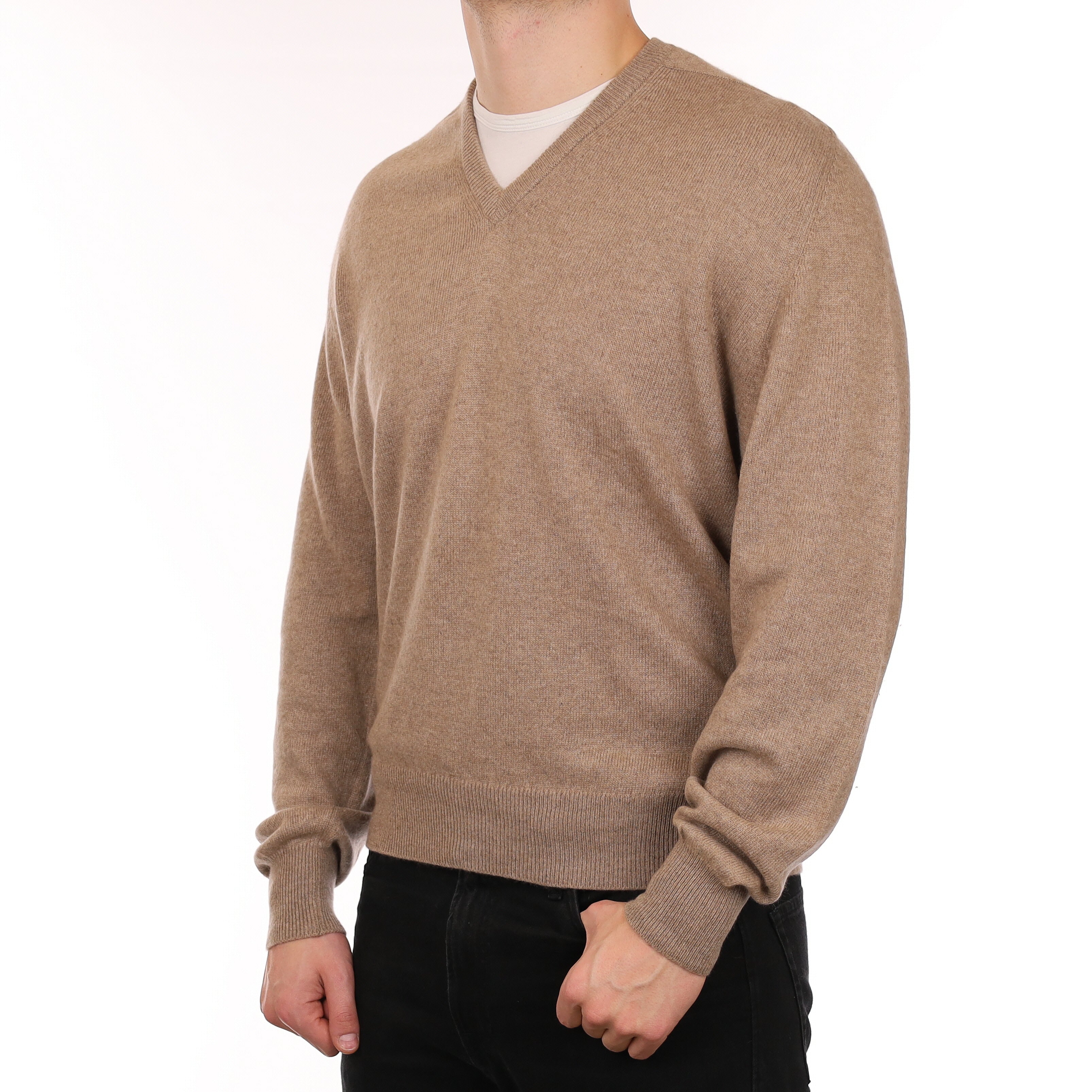 Men's Scottish Taupe Brown Cashmere V Neck Jumper XXL