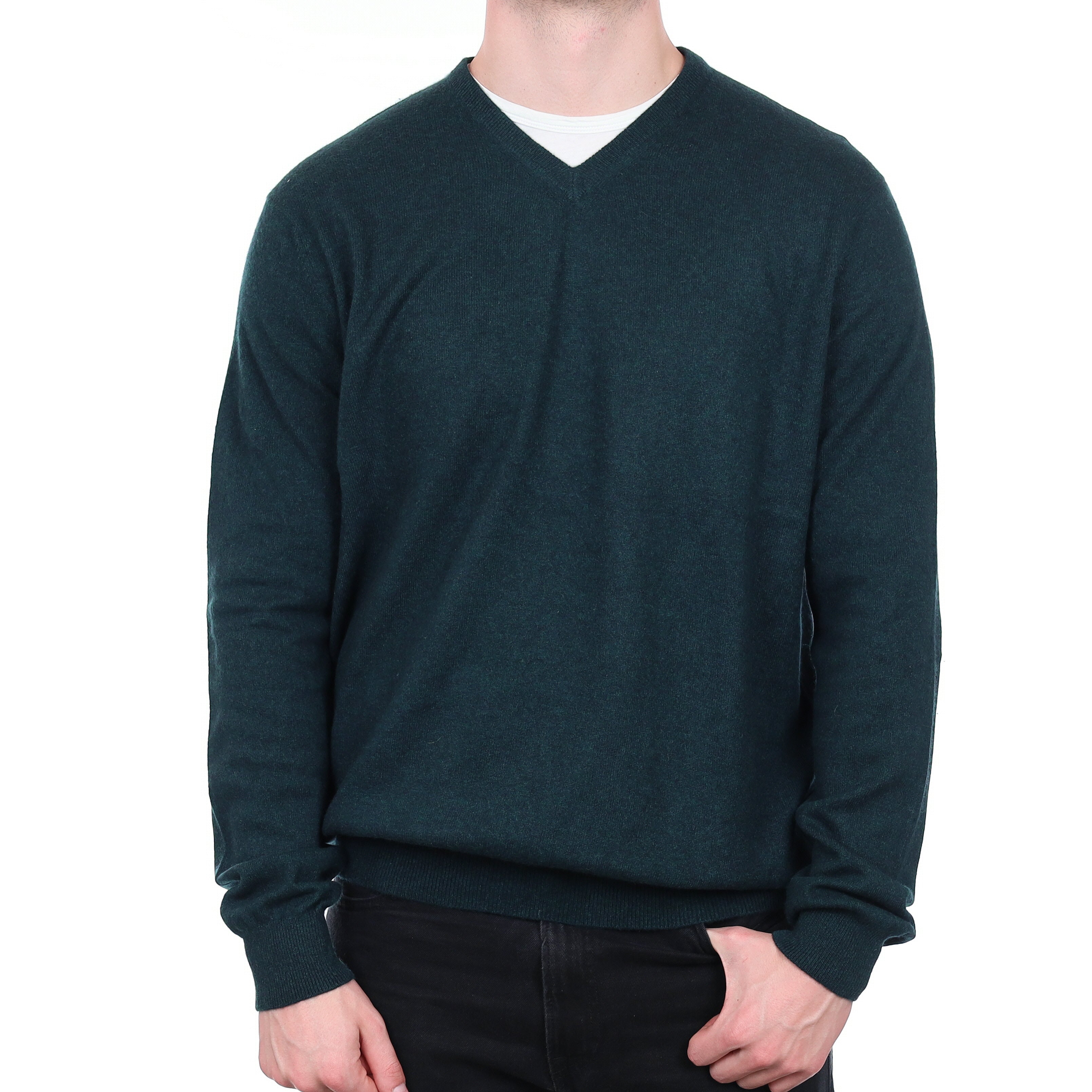 Men's Dark Forest Green Cashmere V Neck Jumper XXL