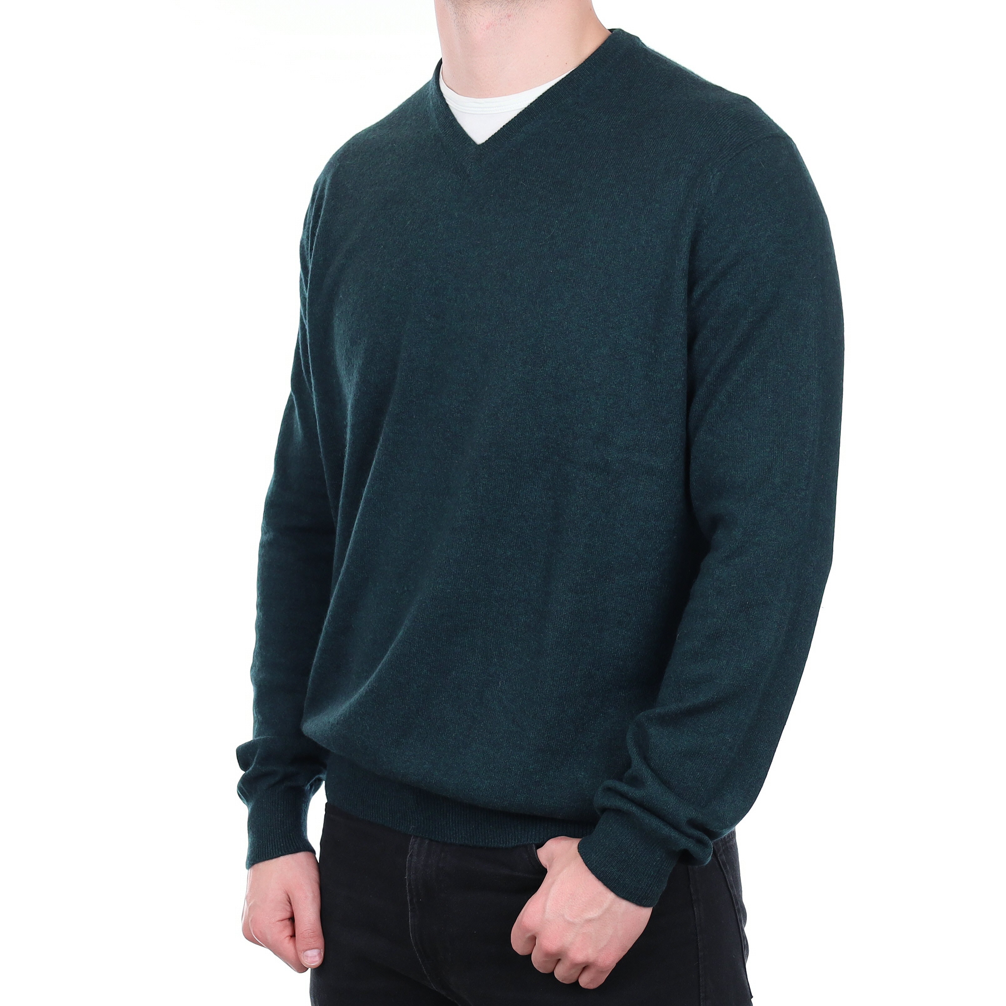 Men's Dark Forest Green Cashmere V Neck Jumper XXL