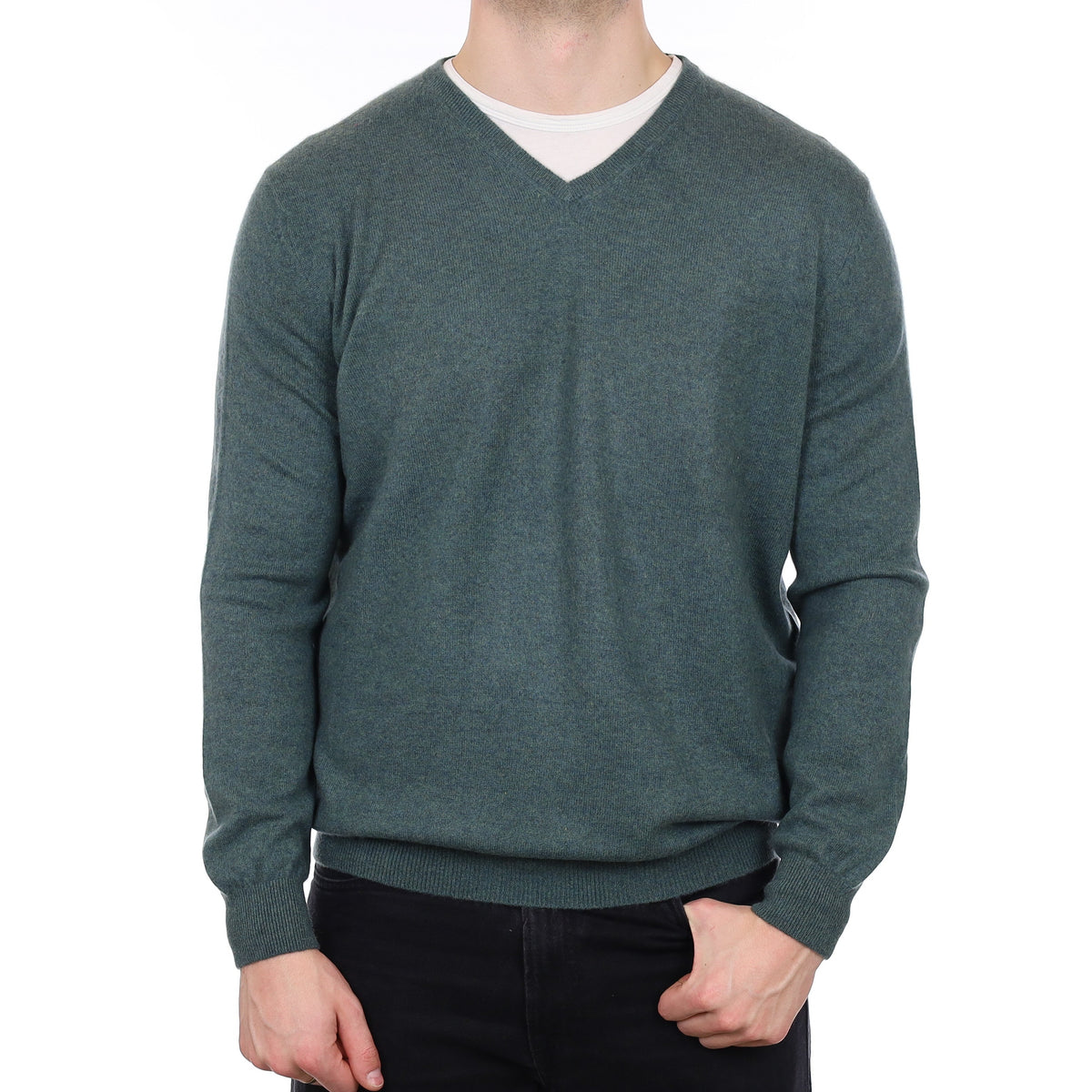 Men's Spruce Green Cashmere V Neck Jumper XXL