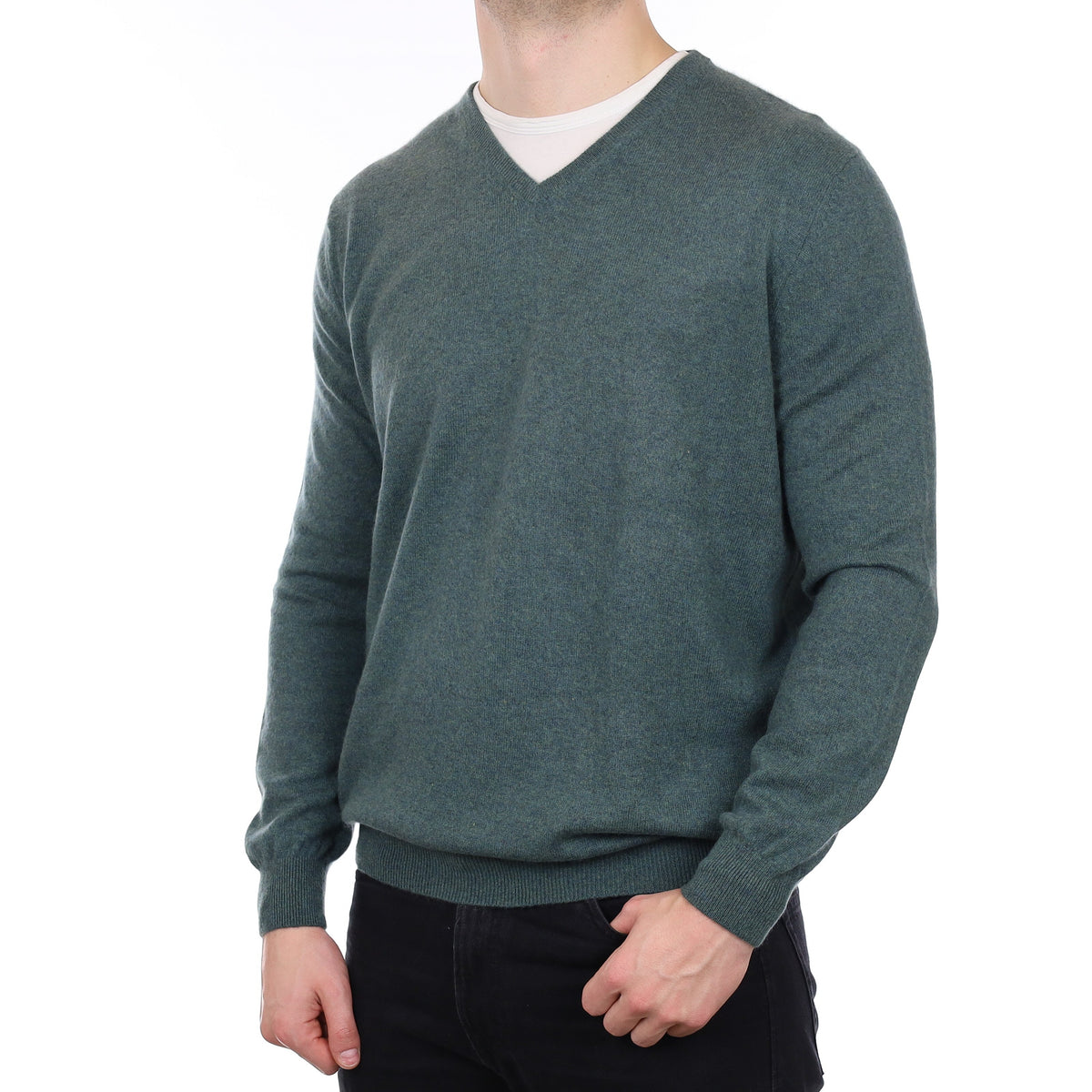 Men's Spruce Green Cashmere V Neck Jumper XXL
