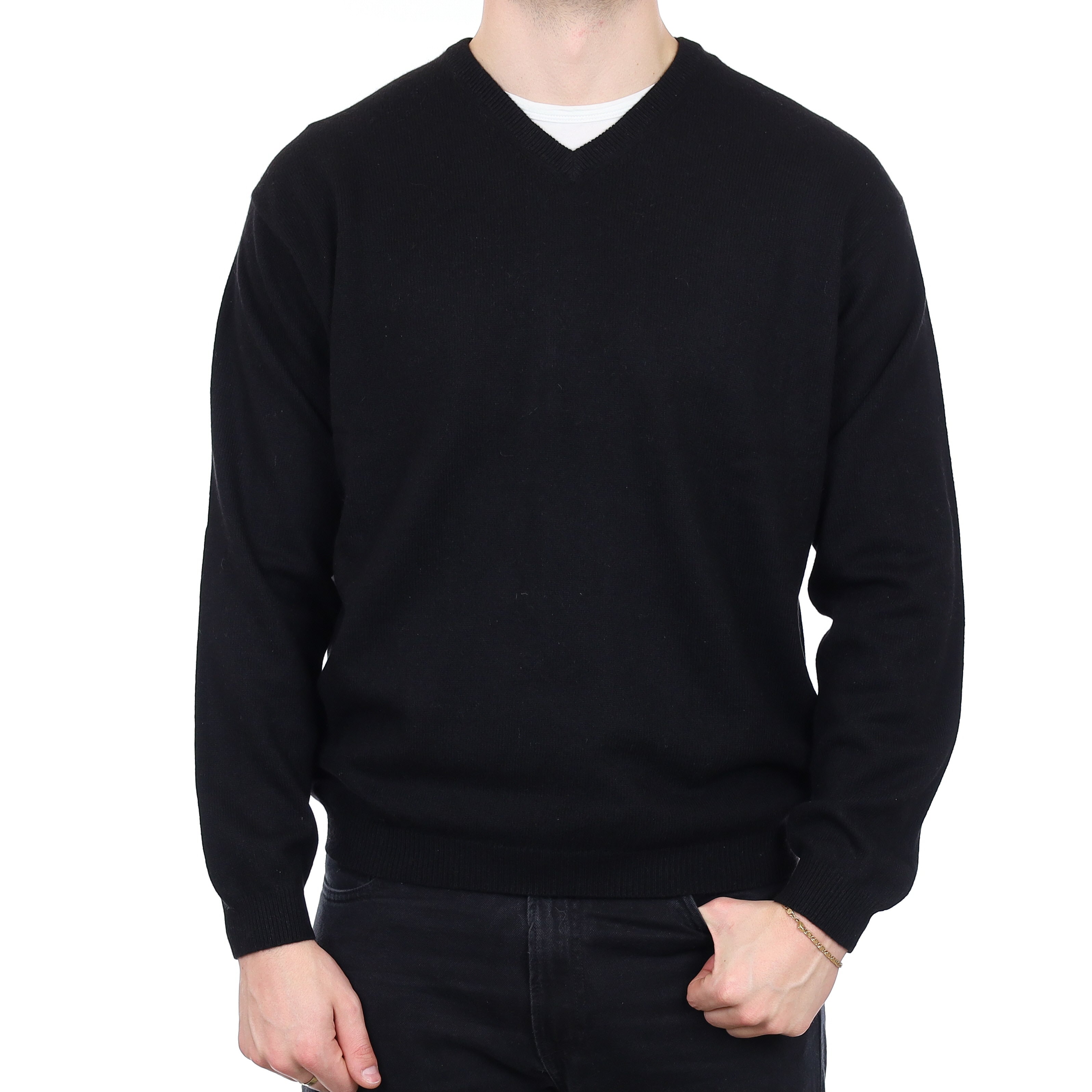 Men's Black Heavy Knit Cashmere V Neck Jumper XXL