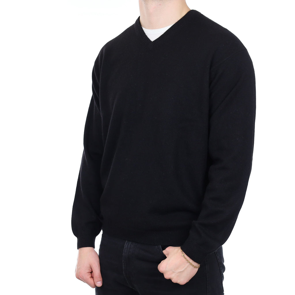 Men's Black Heavy Knit Cashmere V Neck Jumper XXL