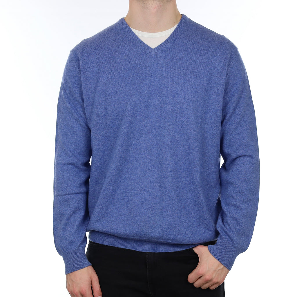 Men's Sky Blue Marl Cashmere V Neck Jumper XXL