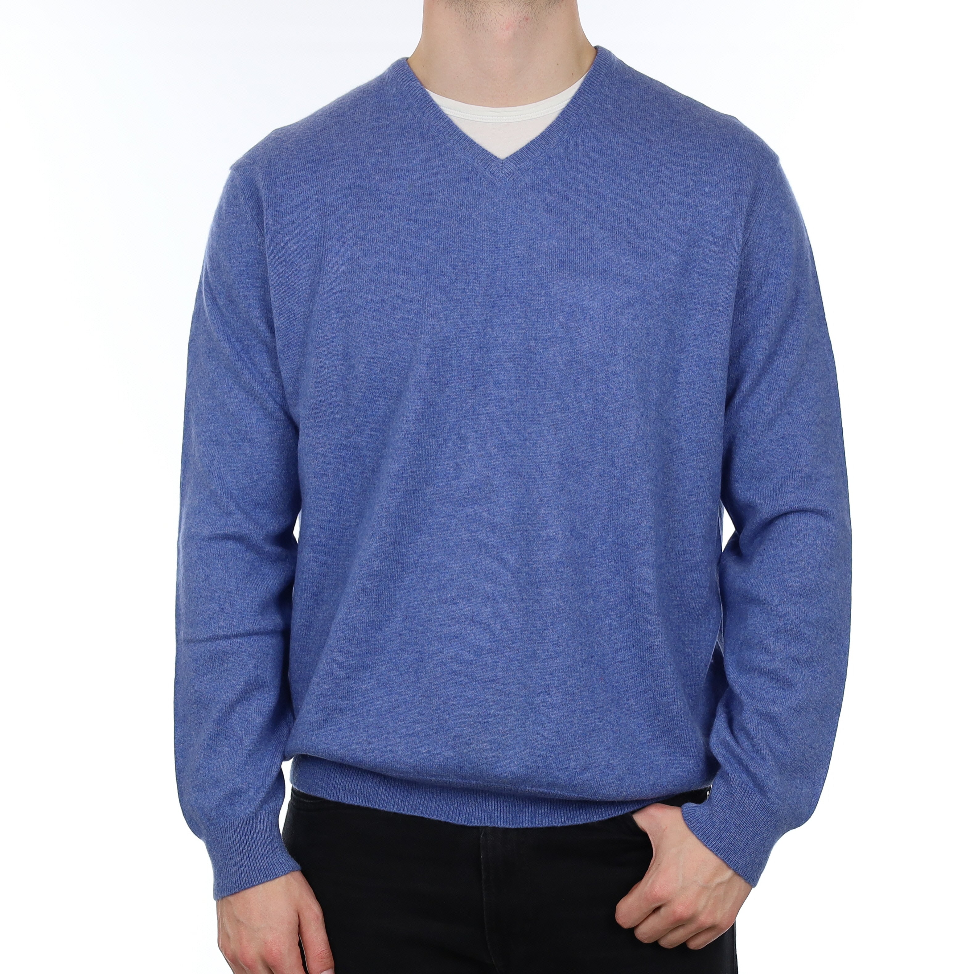 Men's Sky Blue Marl Cashmere V Neck Jumper XXL