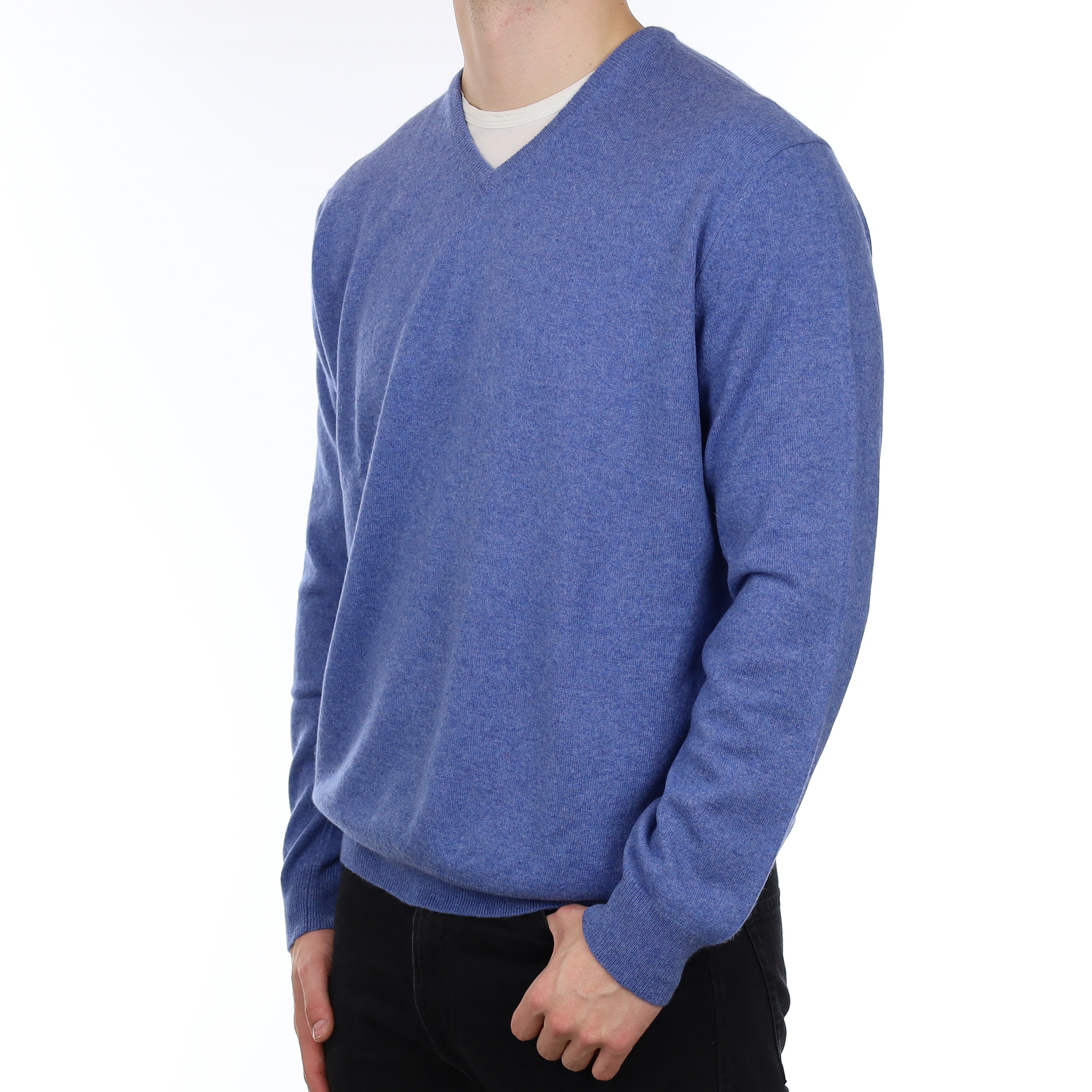Men's Sky Blue Marl Cashmere V Neck Jumper XXL