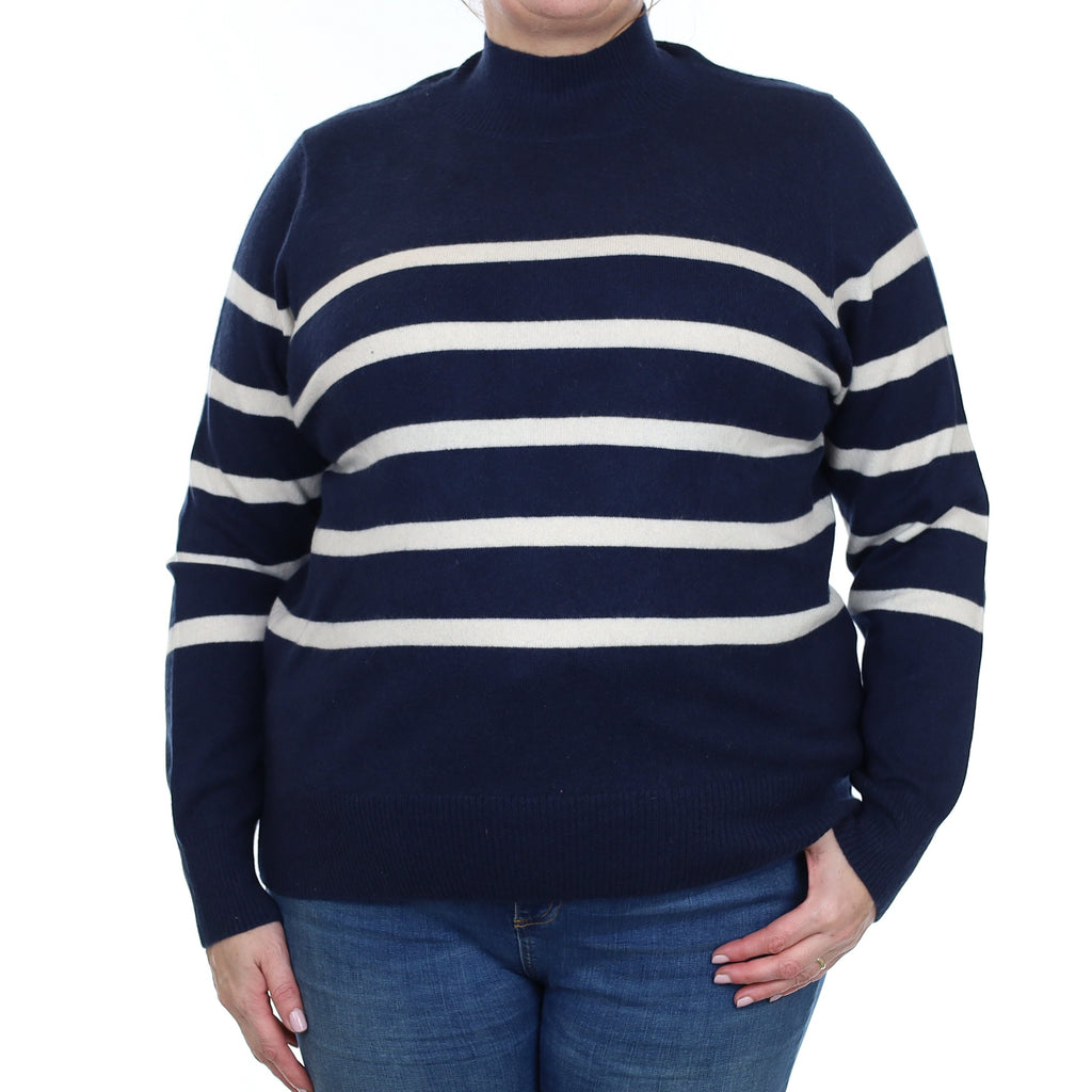 Navy and Ivory Stripe Cashmere Turtleneck Jumper Extra Large