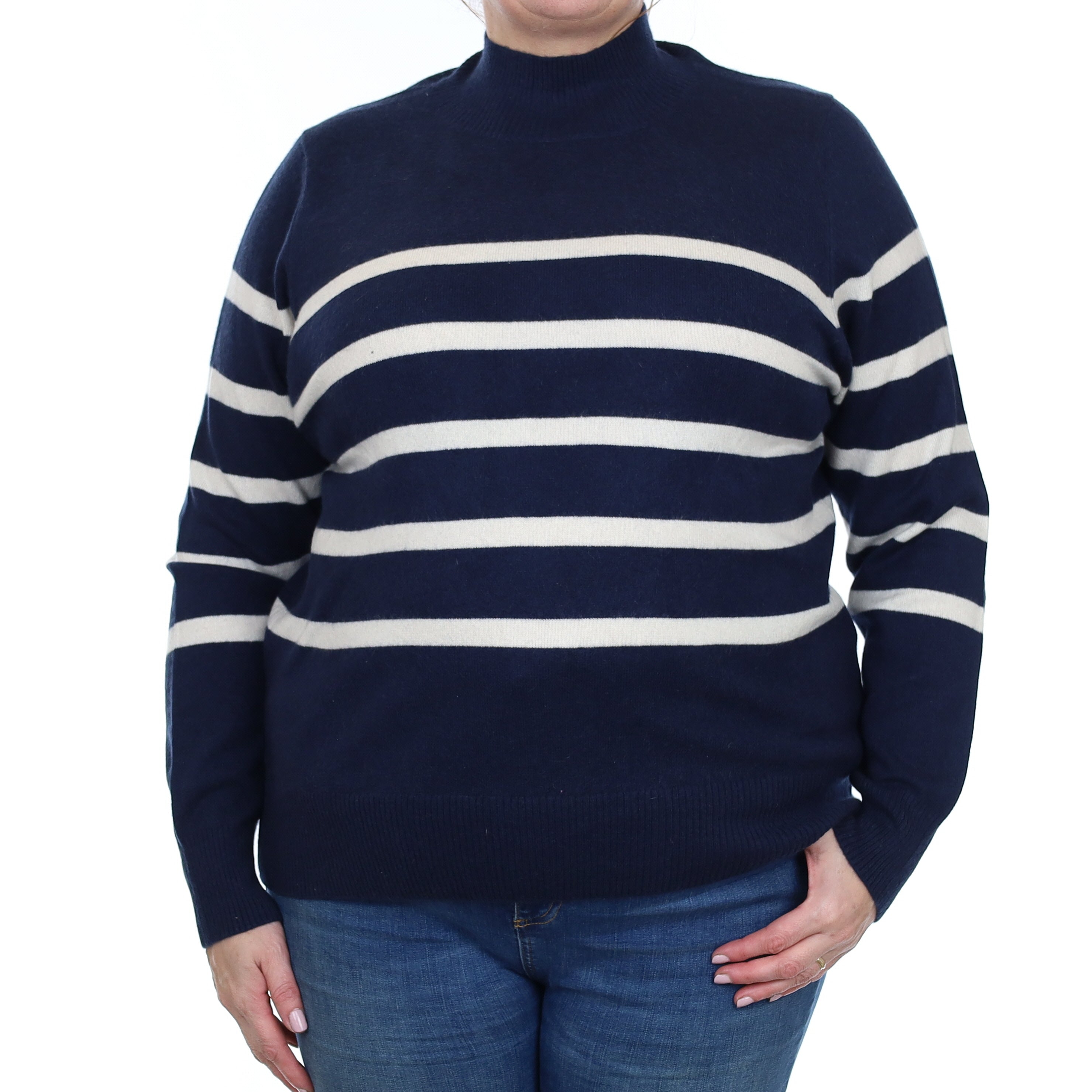 Navy and Ivory Stripe Cashmere Turtleneck Jumper Extra Large