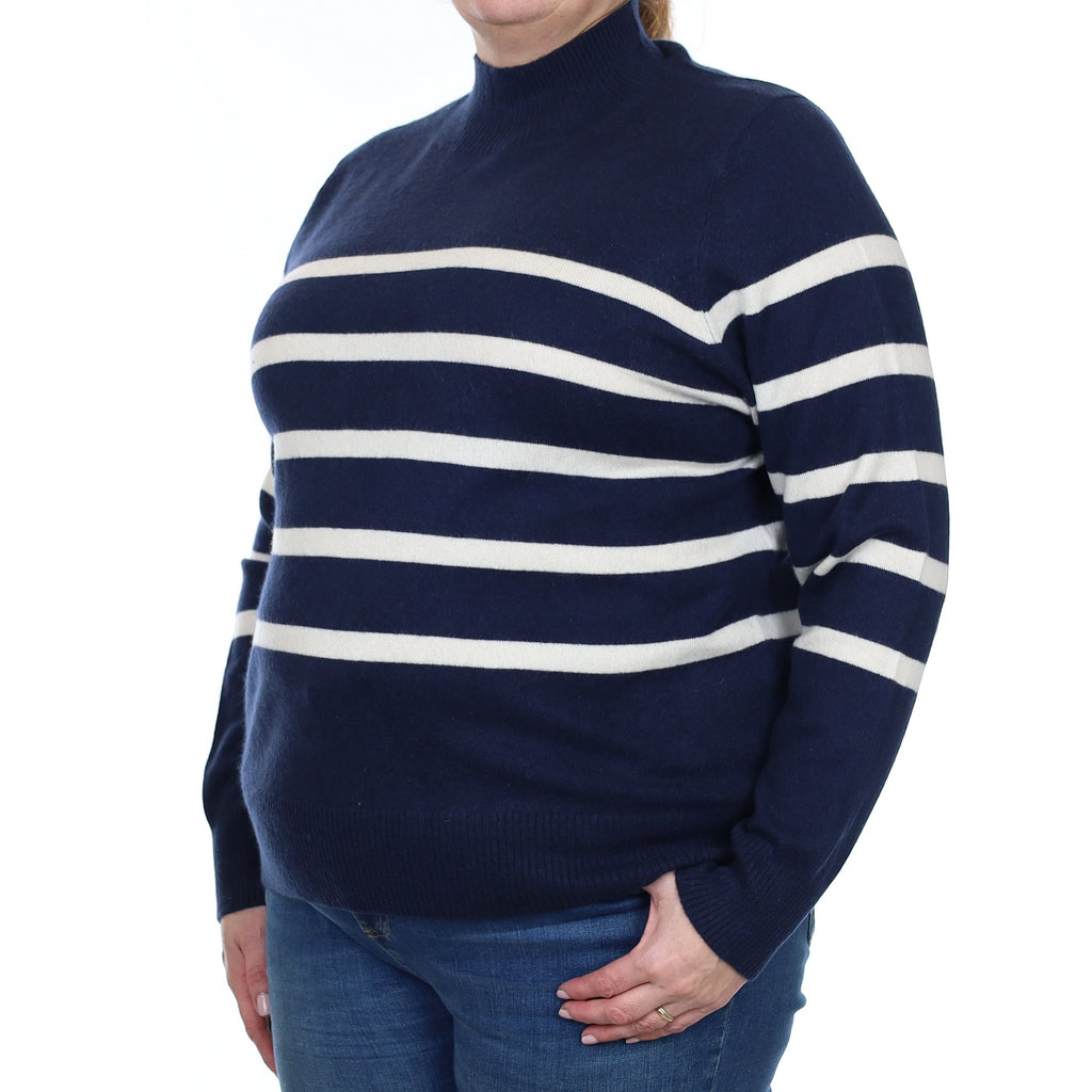 Navy and Ivory Stripe Cashmere Turtleneck Jumper Extra Large