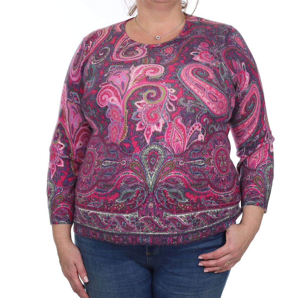 Pink Paisley Cashmere 3/4 Sleeve Crew Neck Jumper Extra Large