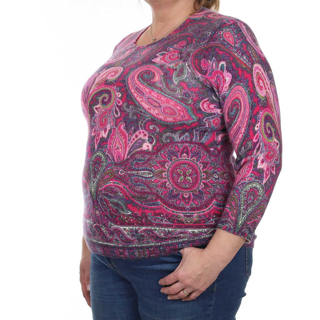 Pink Paisley Cashmere 3/4 Sleeve Crew Neck Jumper Extra Large