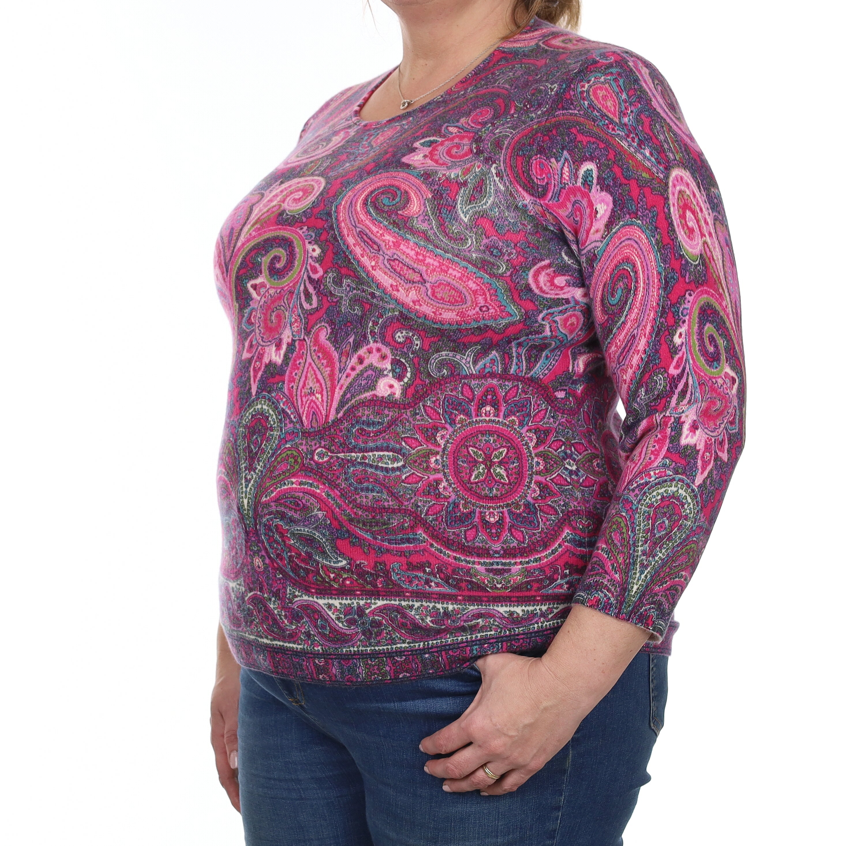 Pink Paisley Cashmere 3/4 Sleeve Crew Neck Jumper Extra Large