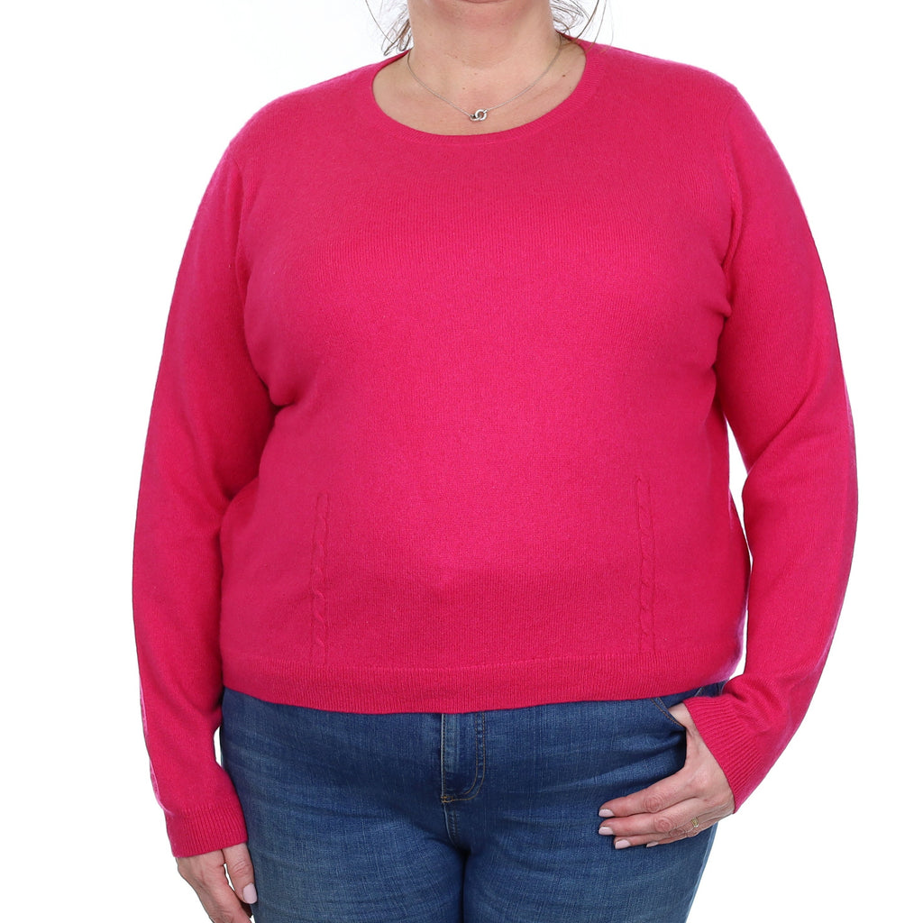 Fuchsia Pink Cashmere Button Back Crew Neck Jumper Extra Large