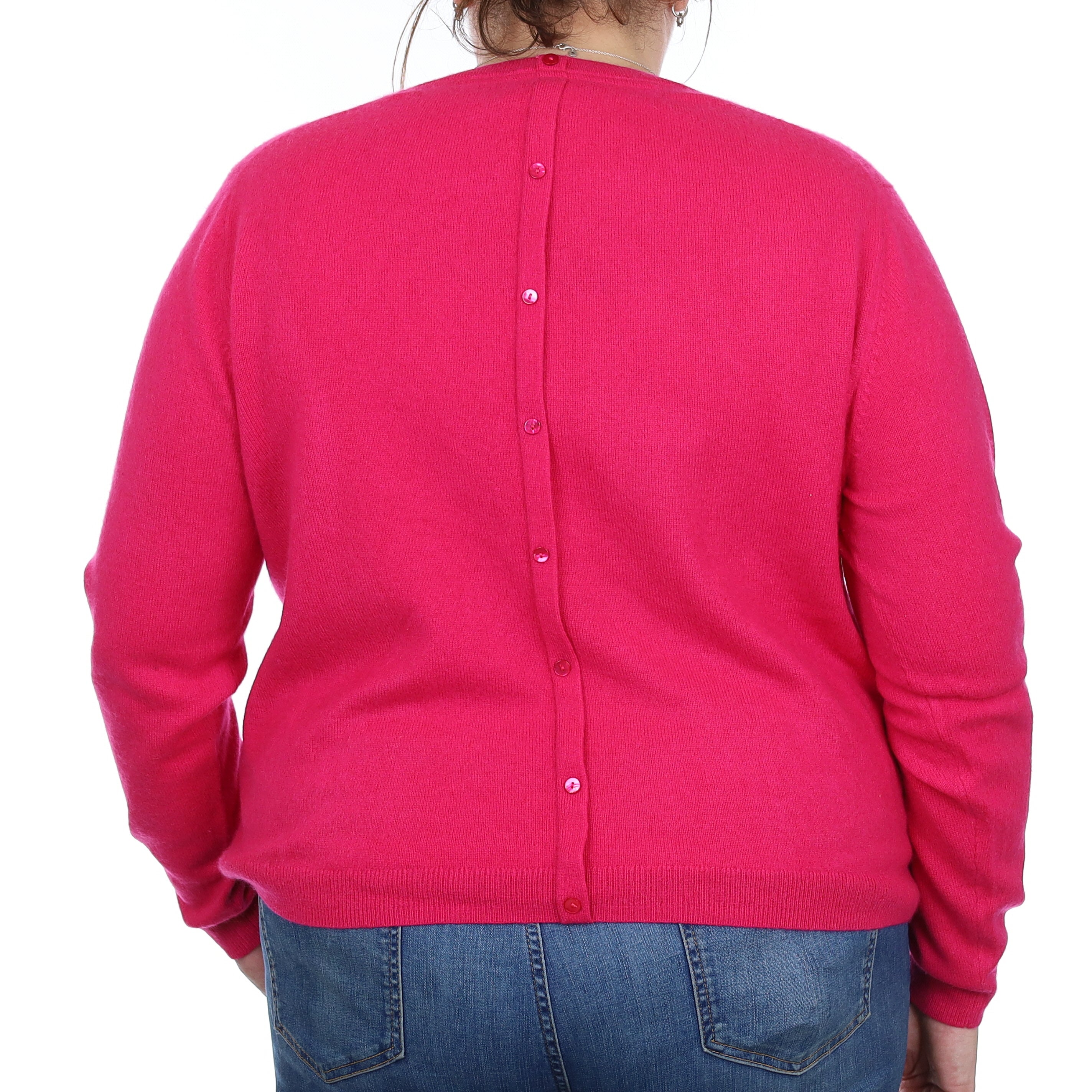 Fuchsia Pink Cashmere Button Back Crew Neck Jumper Extra Large