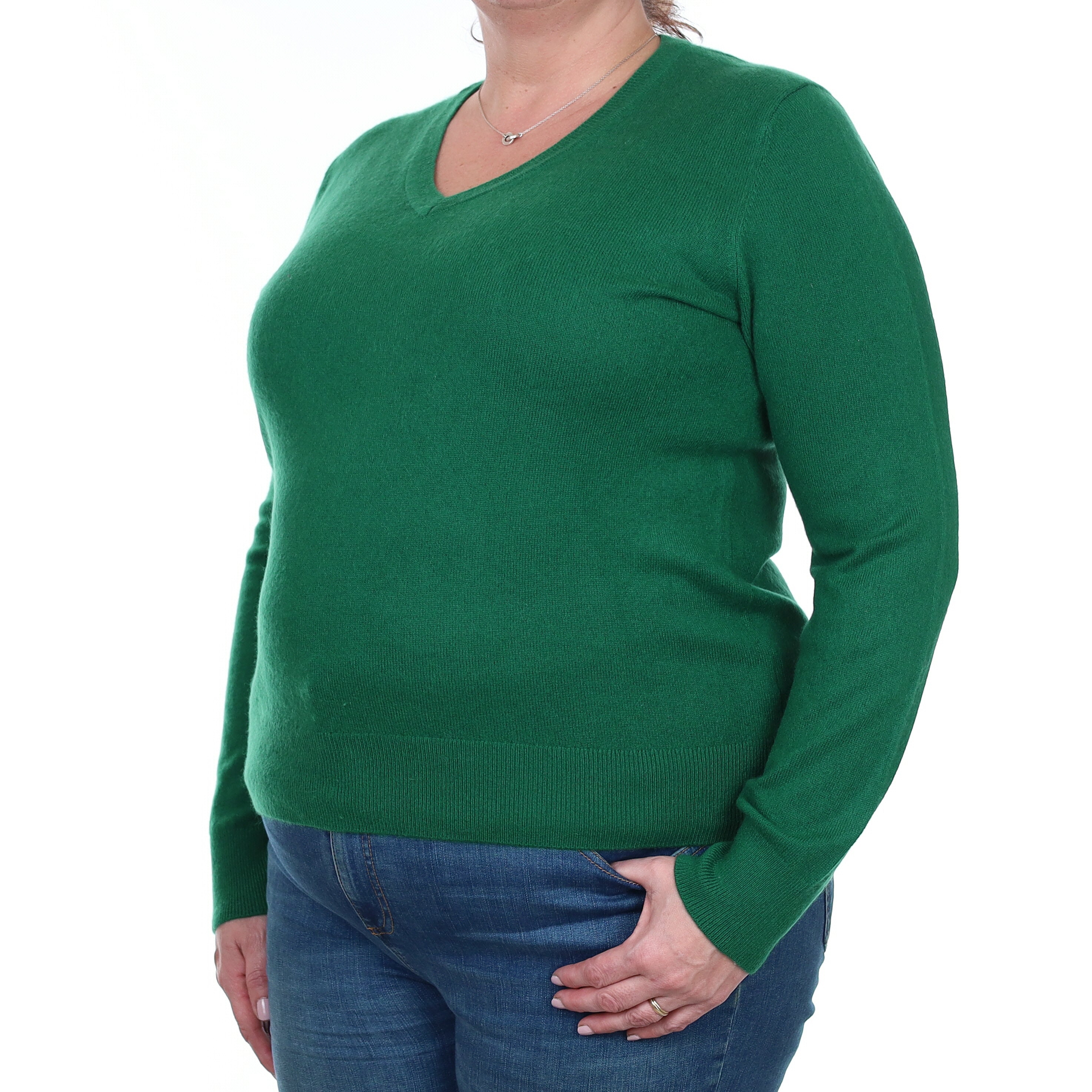 Shamrock Green Cashmere V Neck Jumper Extra Large