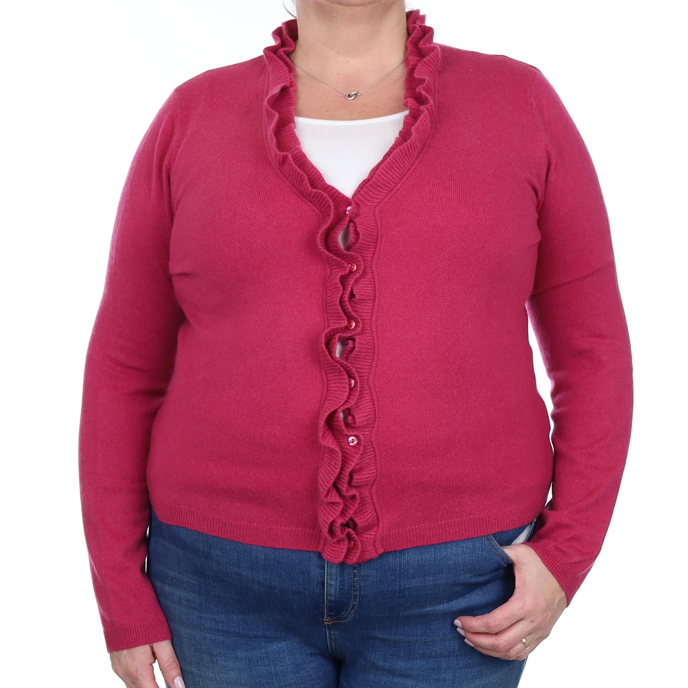 Raspberry Pink Cashmere Ruffle Edge V Neck Cardigan Extra Large