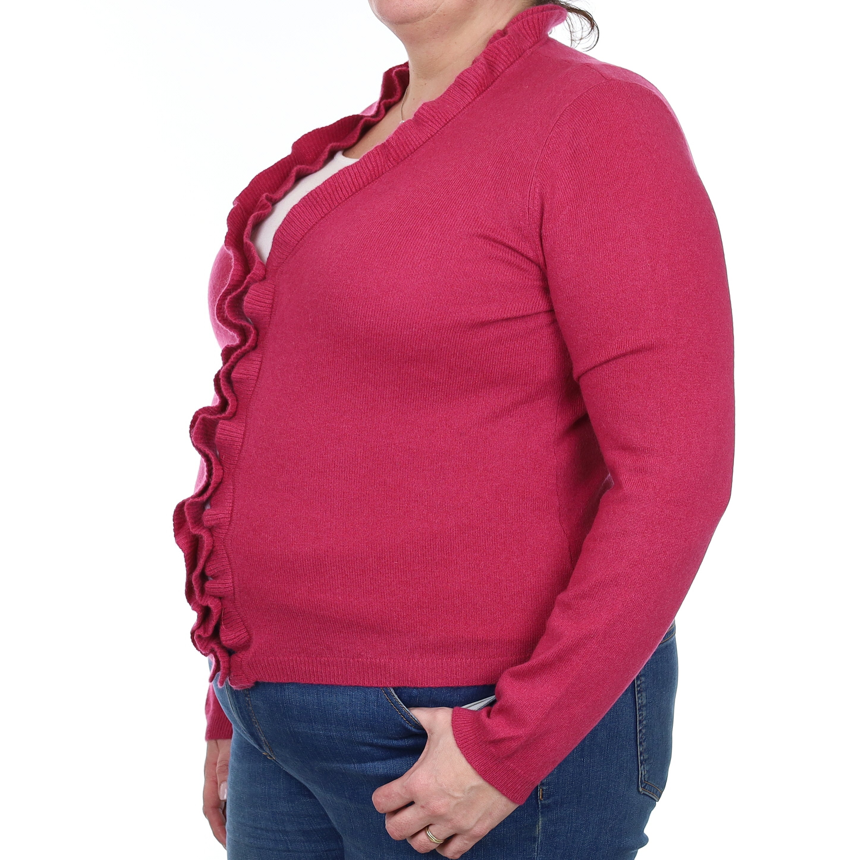 Raspberry Pink Cashmere Ruffle Edge V Neck Cardigan Extra Large