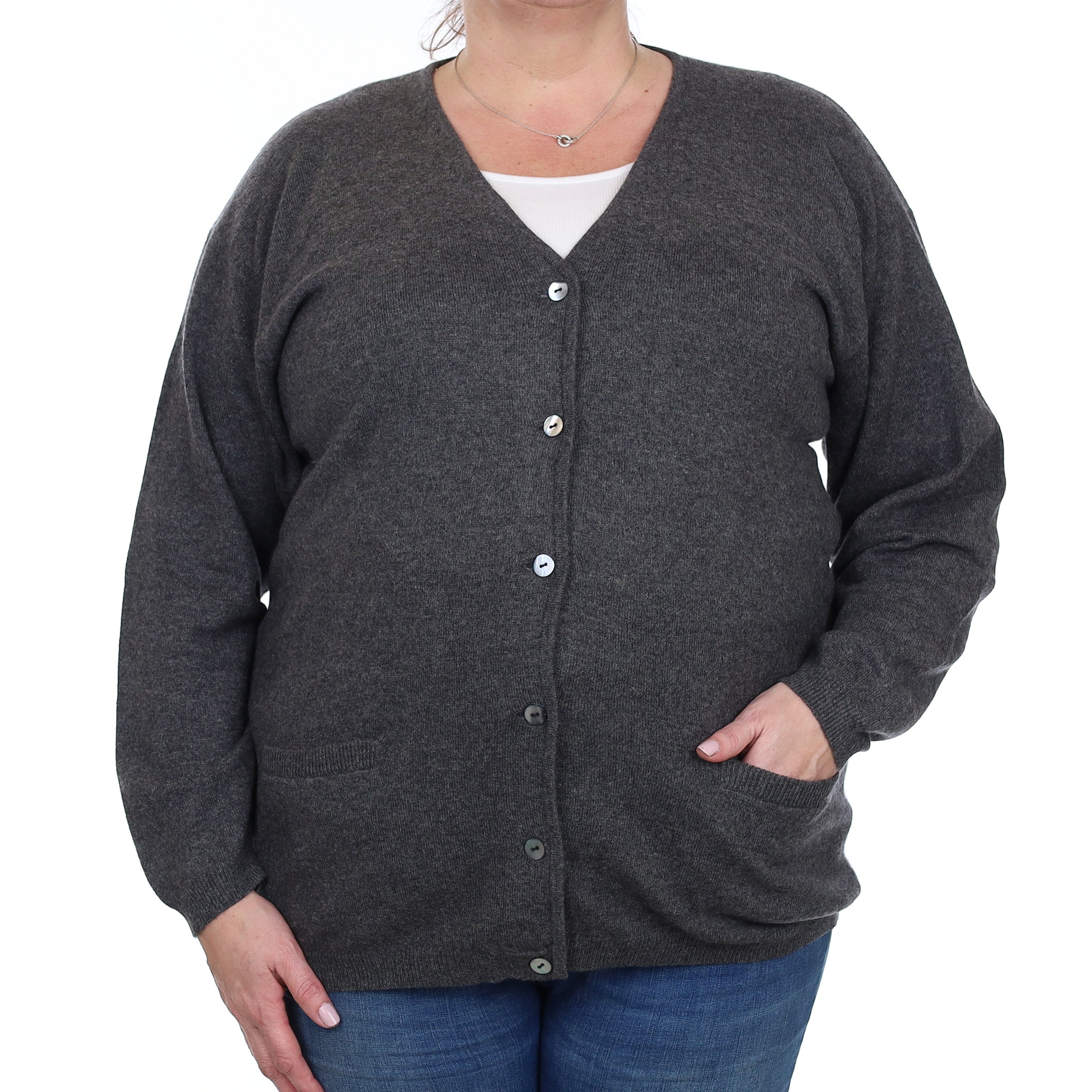 Slate Grey Cashmere V Neck Cardigan with Pockets Extra Large