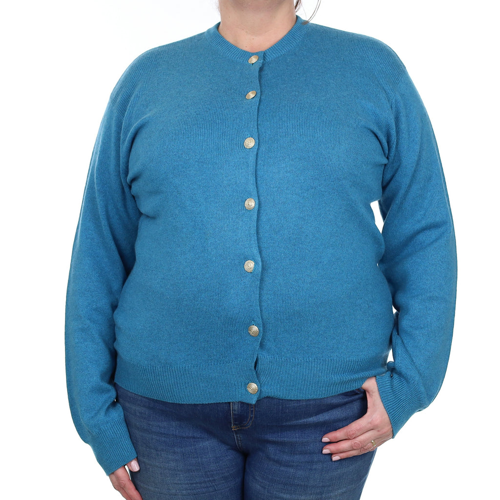Scottish Johnston's Deep Aqua Cashmere Crew Neck Cardigan Extra Large