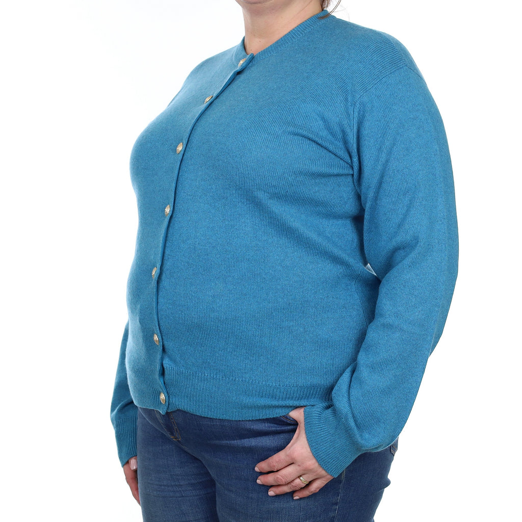 Scottish Johnston's Deep Aqua Cashmere Crew Neck Cardigan Extra Large