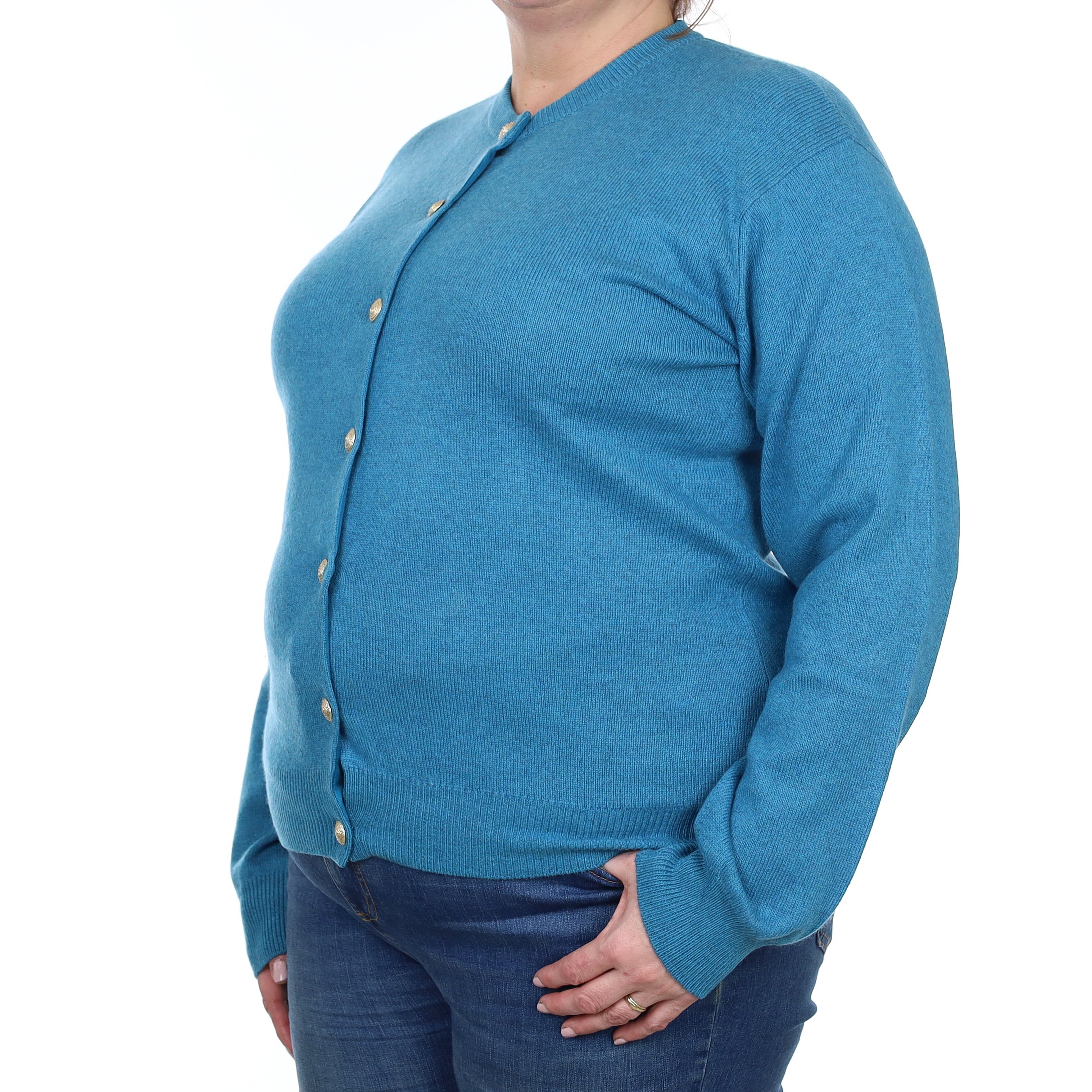 Scottish Johnston's Deep Aqua Cashmere Crew Neck Cardigan Extra Large