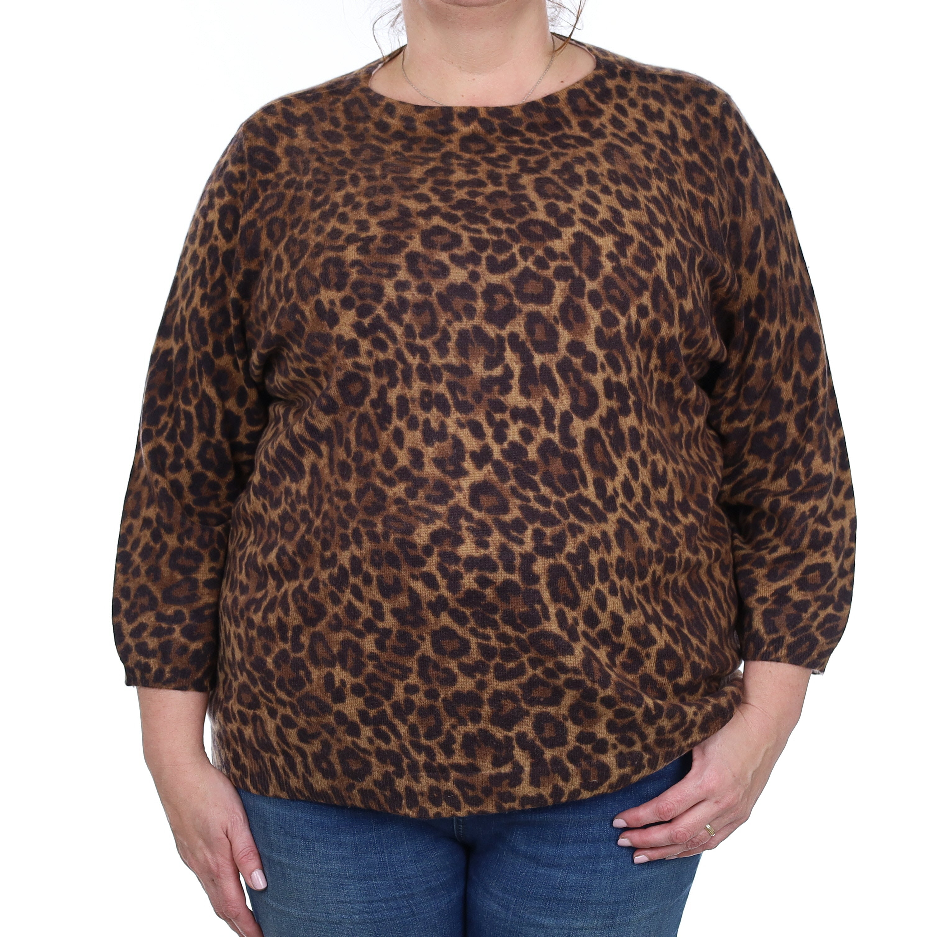 Brown Leopard Print Cashmere Crew Neck Jumper 3XL