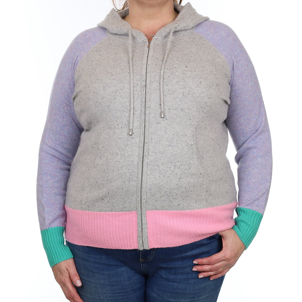 Grey Colour Block Cashmere Zip Up Hoodie with Pockets Extra Large