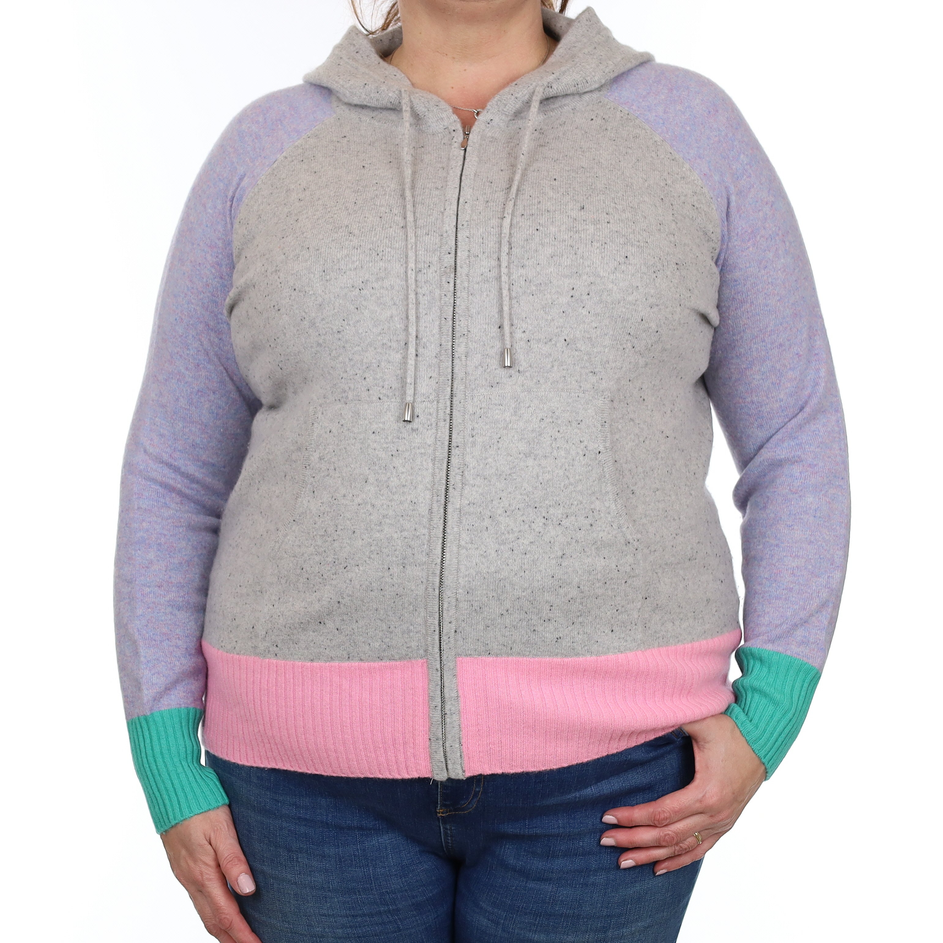 Grey Colour Block Cashmere Zip Up Hoodie with Pockets Extra Large