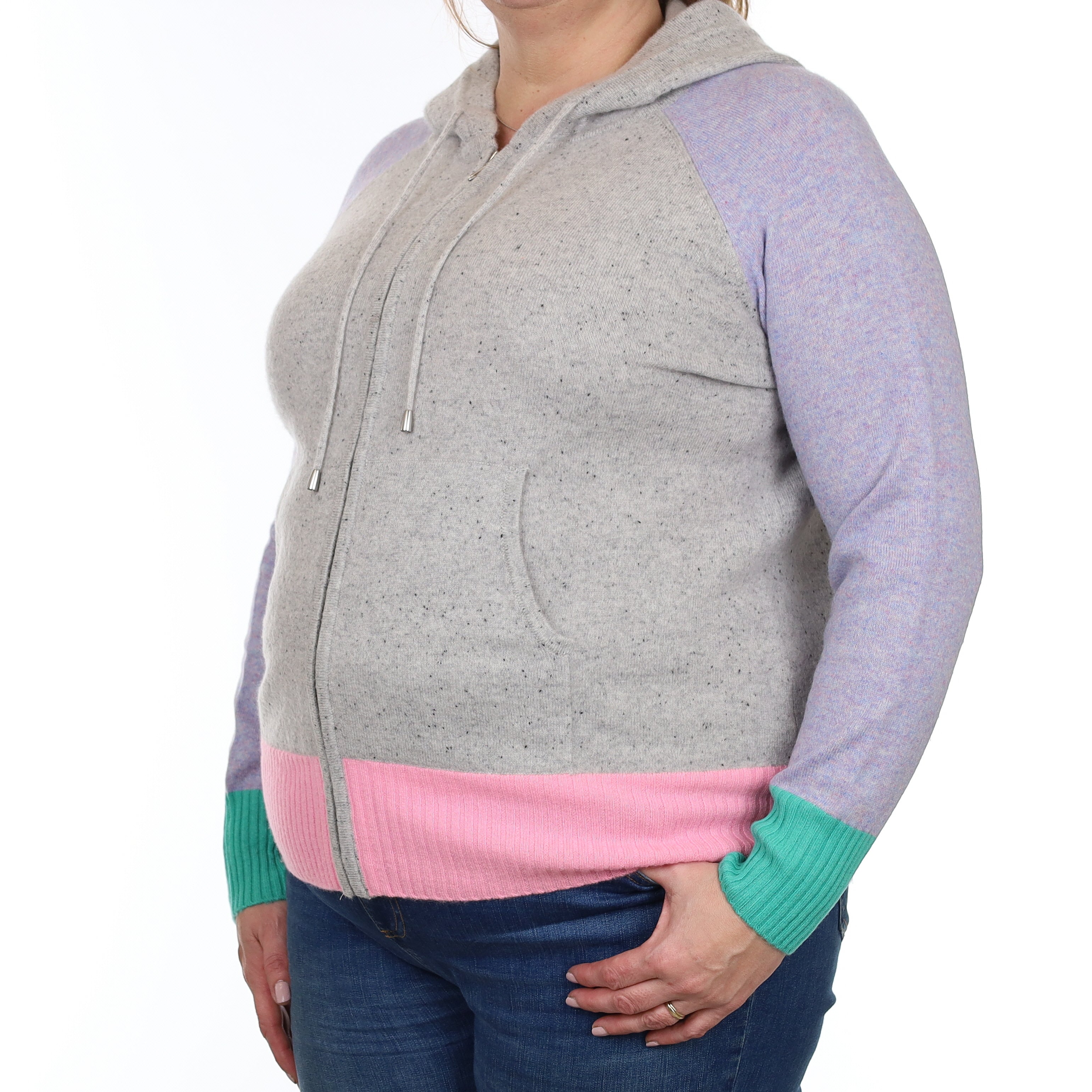 Grey Colour Block Cashmere Zip Up Hoodie with Pockets Extra Large