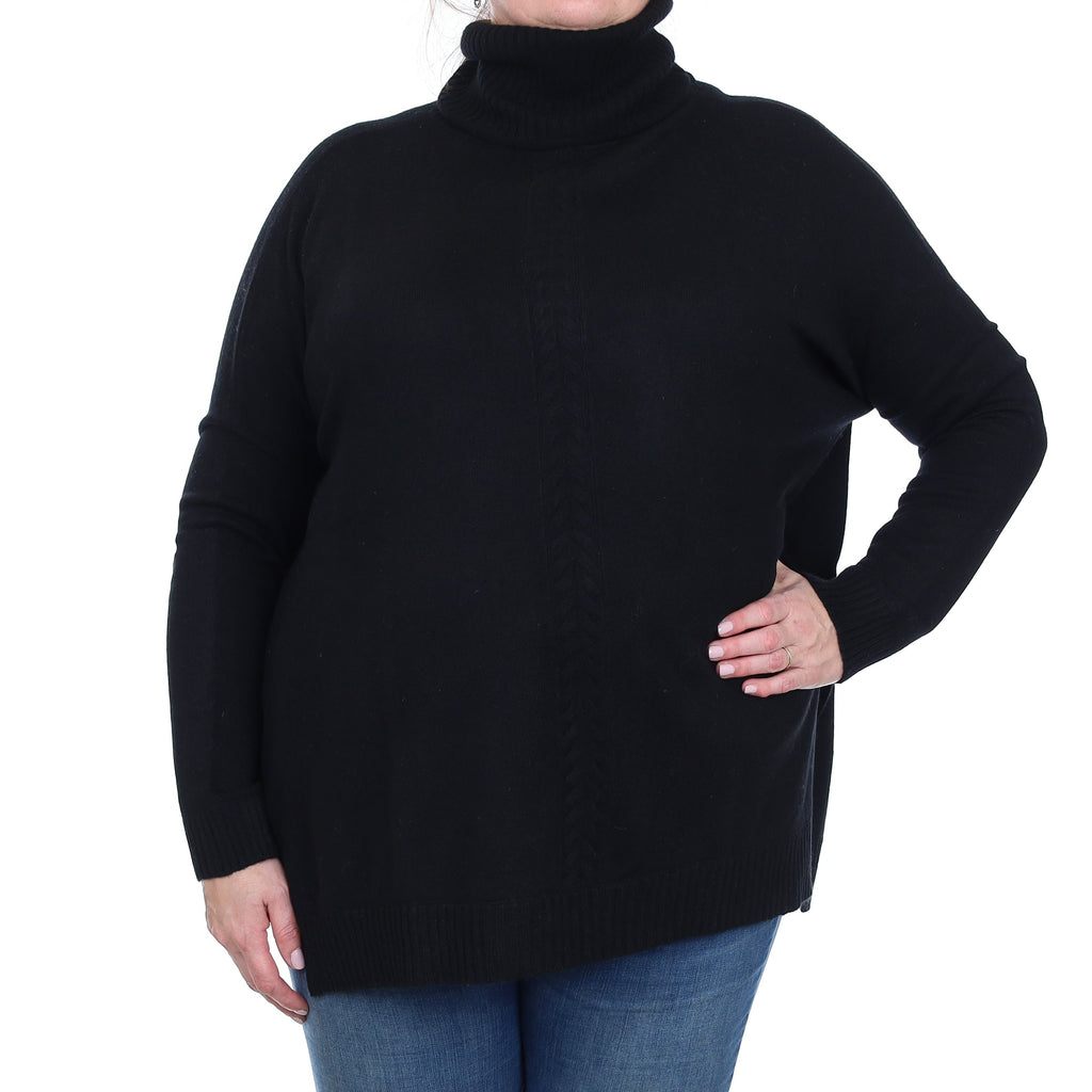 Black Cable Detail Cashmere Boxy Polo Neck Jumper XXL