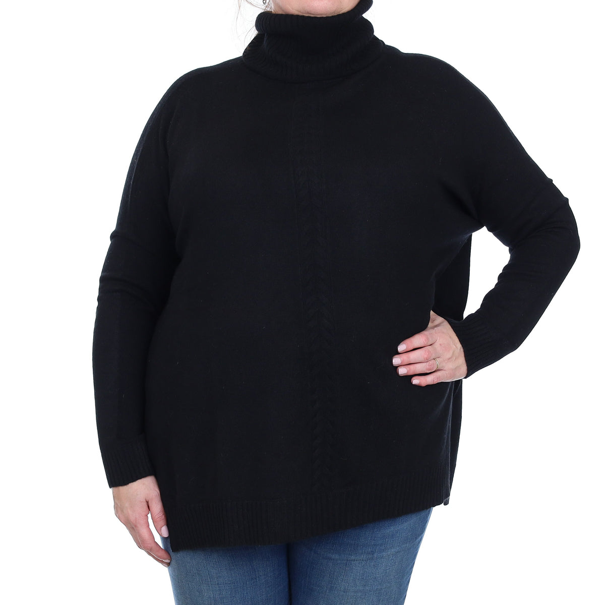 Black Cable Detail Cashmere Boxy Polo Neck Jumper XXL
