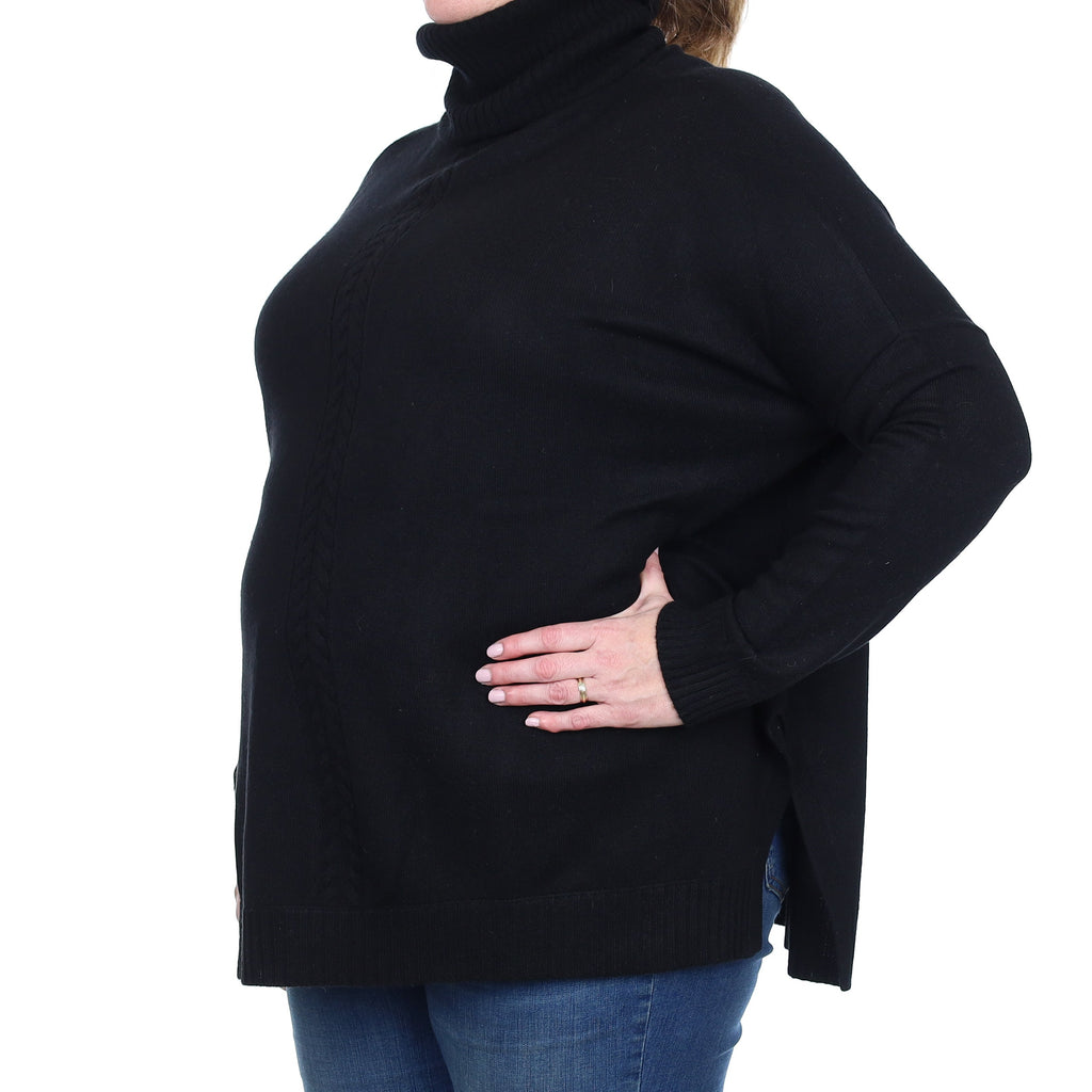 Black Cable Detail Cashmere Boxy Polo Neck Jumper XXL