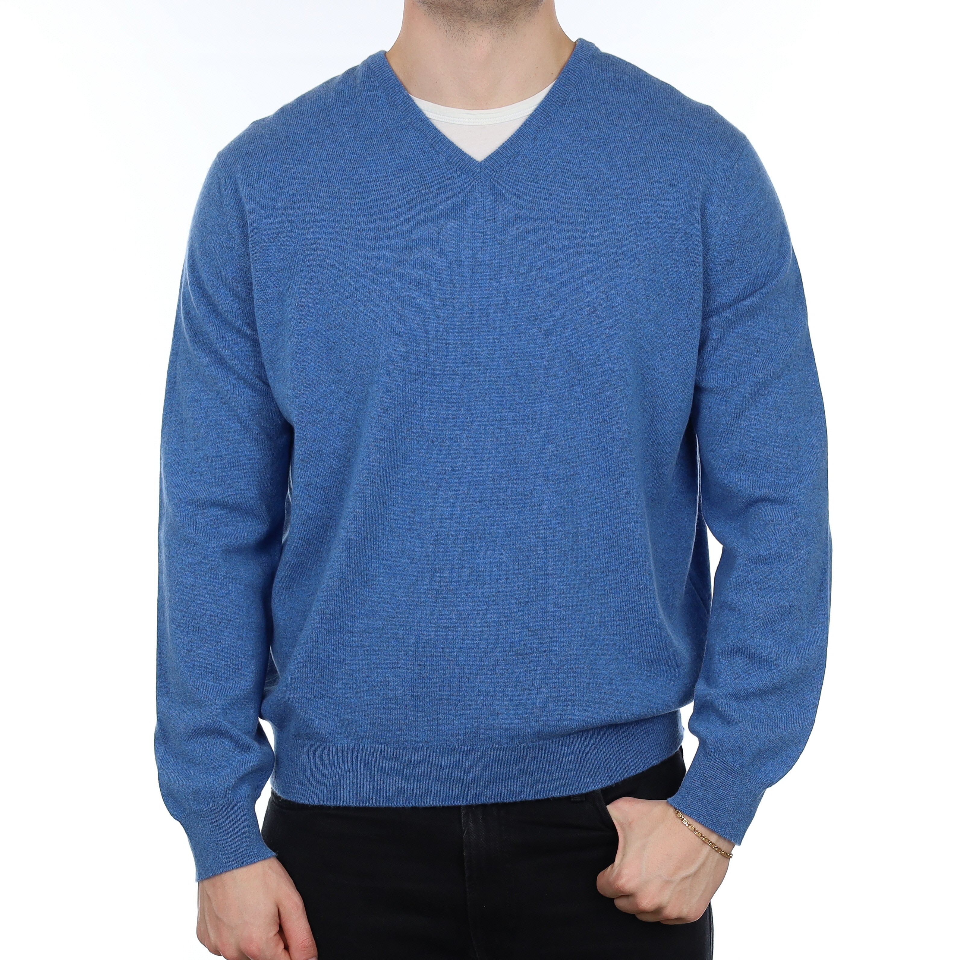 Men's Brand New Alex Begg Denim Blue Cashmere V Neck Jumper XL