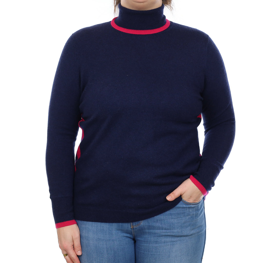 Navy and Cerise Pink Cashmere Polo Neck Jumper Large