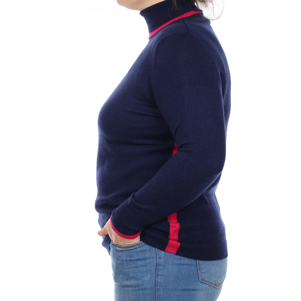 Navy and Cerise Pink Cashmere Polo Neck Jumper Large