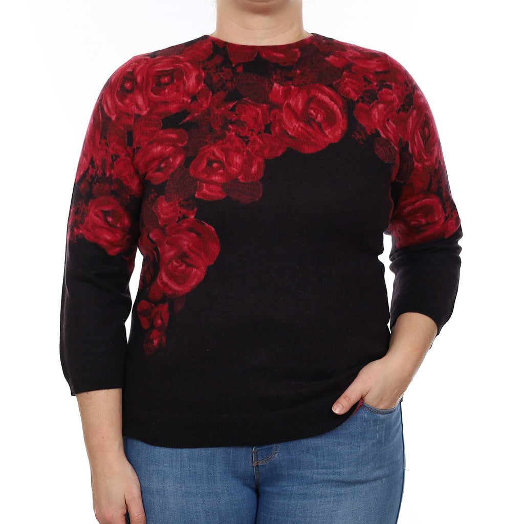 Black and Crimson Floral Cashmere Crew Neck Jumper Large
