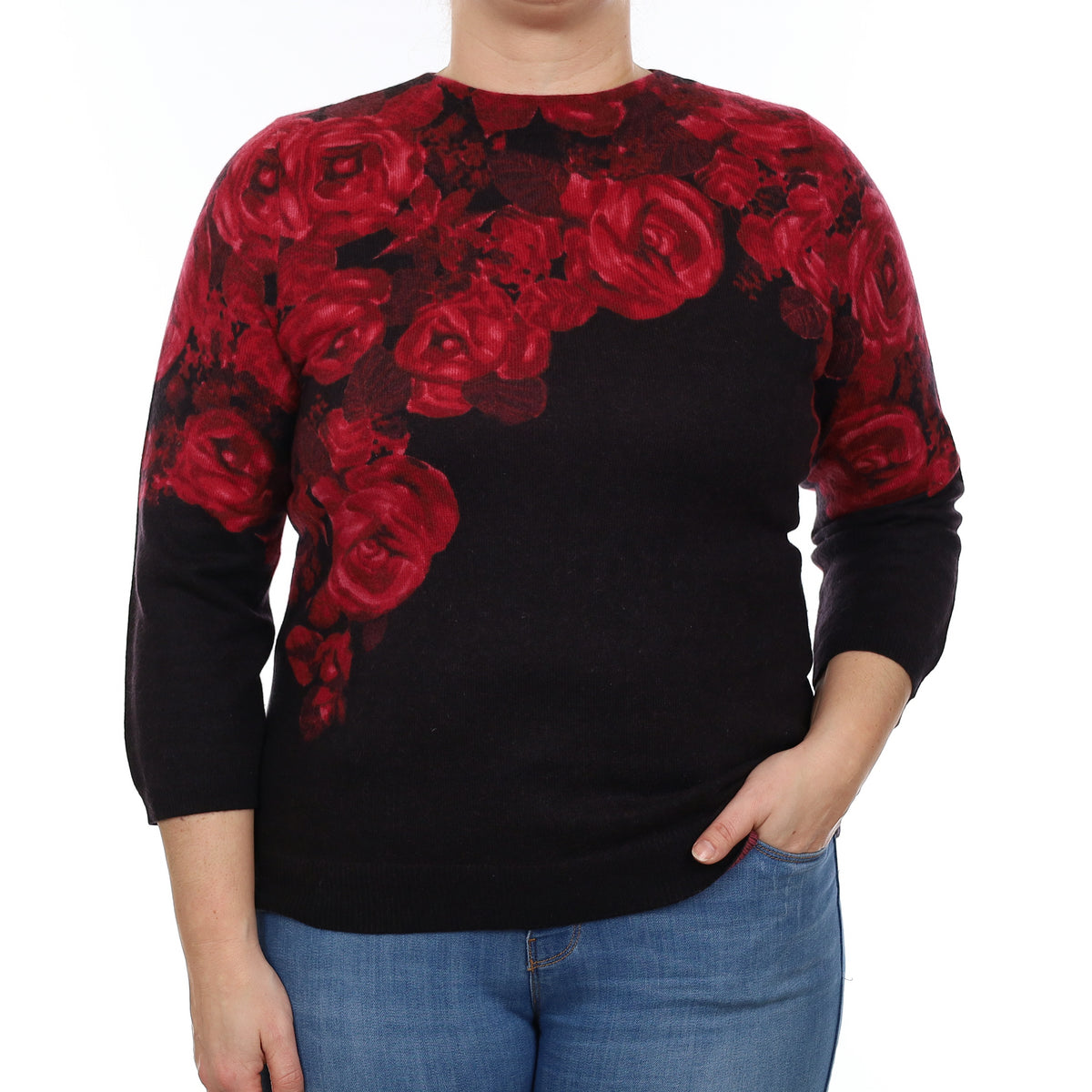 Black and Crimson Floral Cashmere Crew Neck Jumper Large
