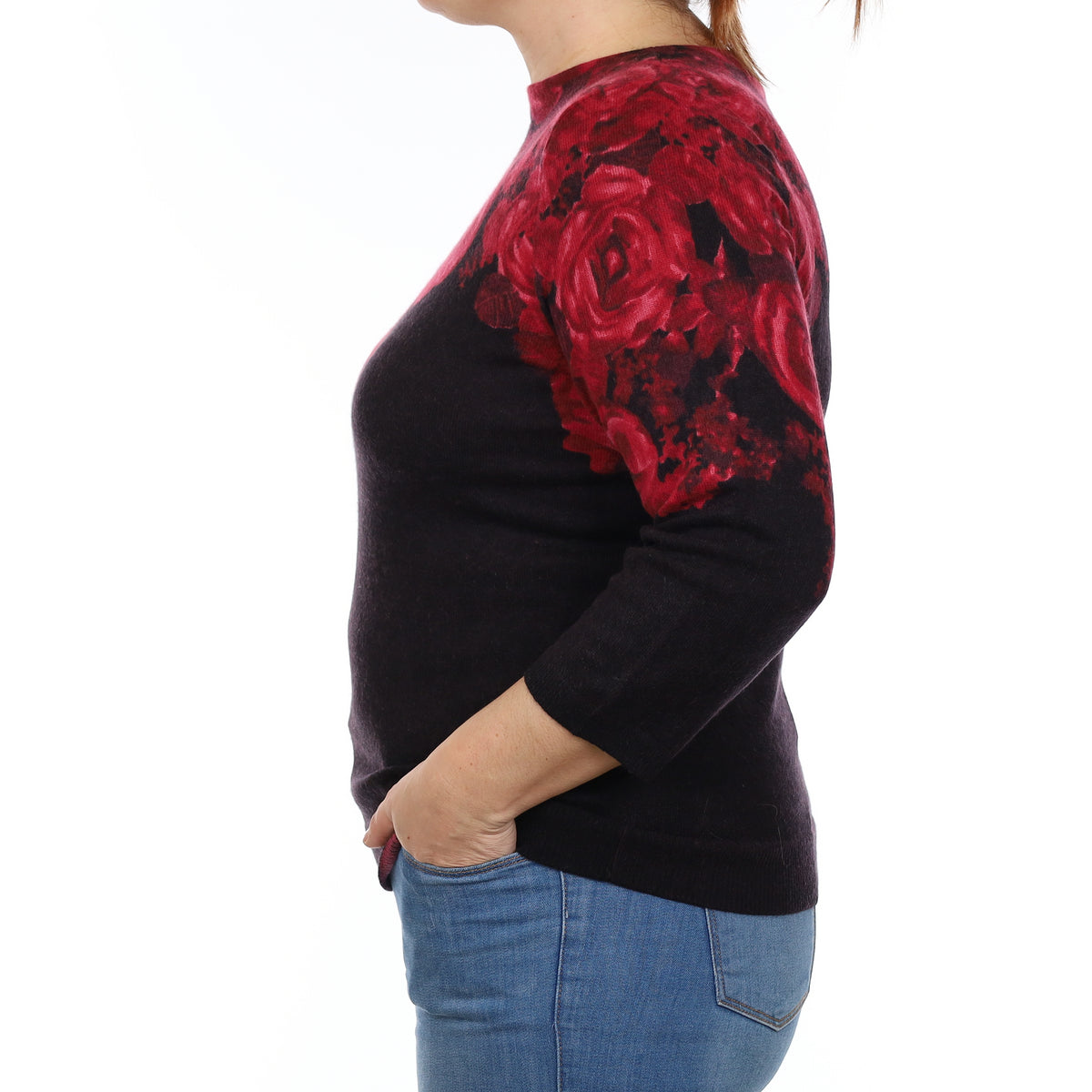 Black and Crimson Floral Cashmere Crew Neck Jumper Large