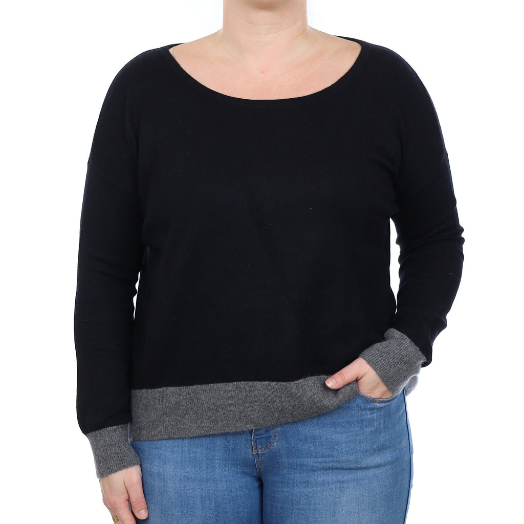 Black Grey Trim Cashmere Boxy Crew Neck Jumper Large